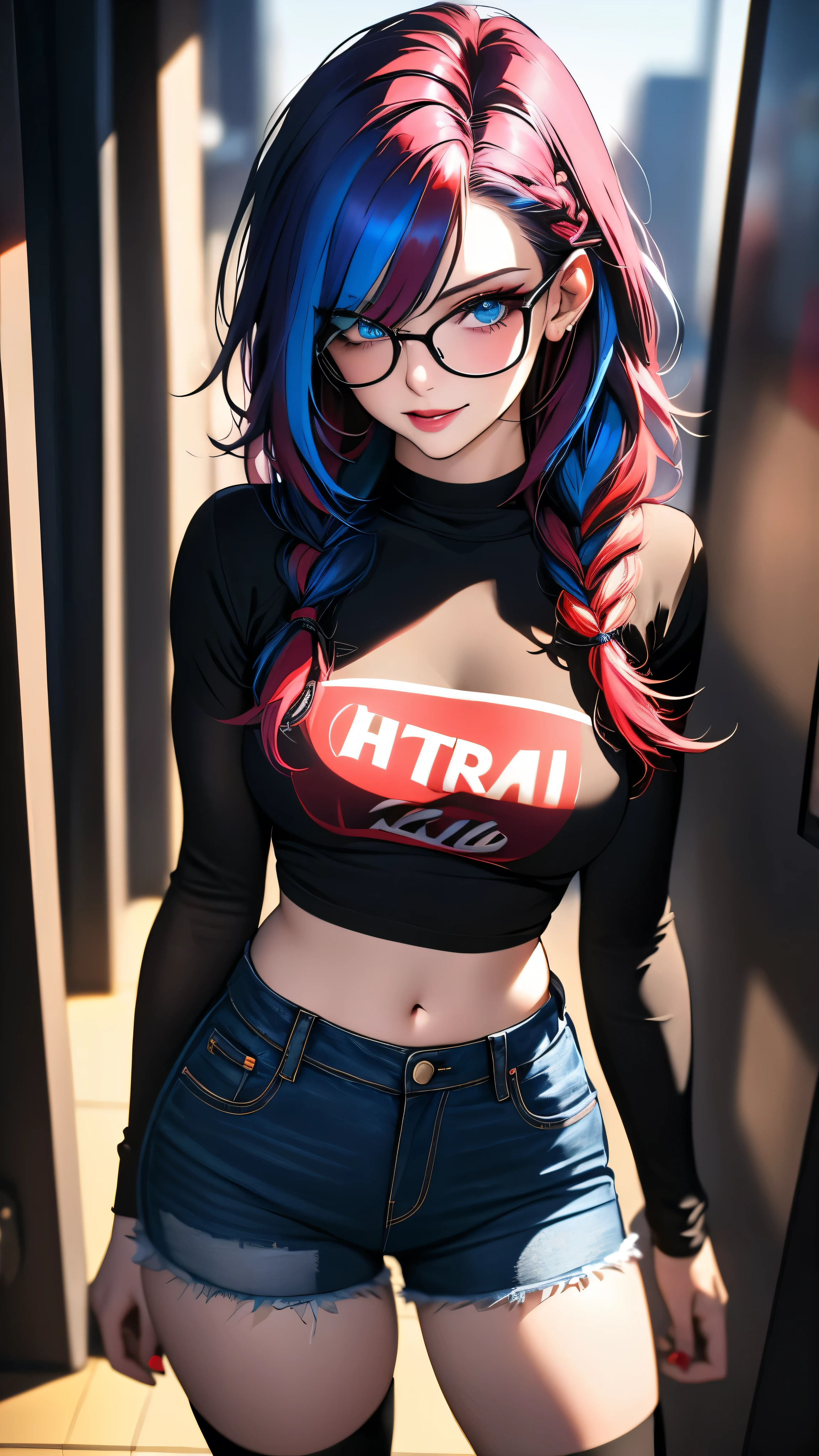 pop art style, black t-shirt, biting lip, pop punk gamer style, hand in hair, waist bend, tummy, denim shorts, stockings, beautiful blue eyes, business glasses, red tie, streaked hair, multicolored hair, colored inner hair, braid, glowing eyes, makeup, light smile, depth of field, blurry, accurate, masterpiece, retina, textured skin, super detail, high details, high quality, award winning, best quality, highres, 1080P, HD, 4K, 8k, 16k,, (highest quality, High definition: 1.2). (perfect details: 1.1), (beautiful and clean background: 1.2), (extremely detailed CG, ultra detailed, best shadow: 1.1), (exquisitely rendered beautiful eyes), (full-length 1.1)