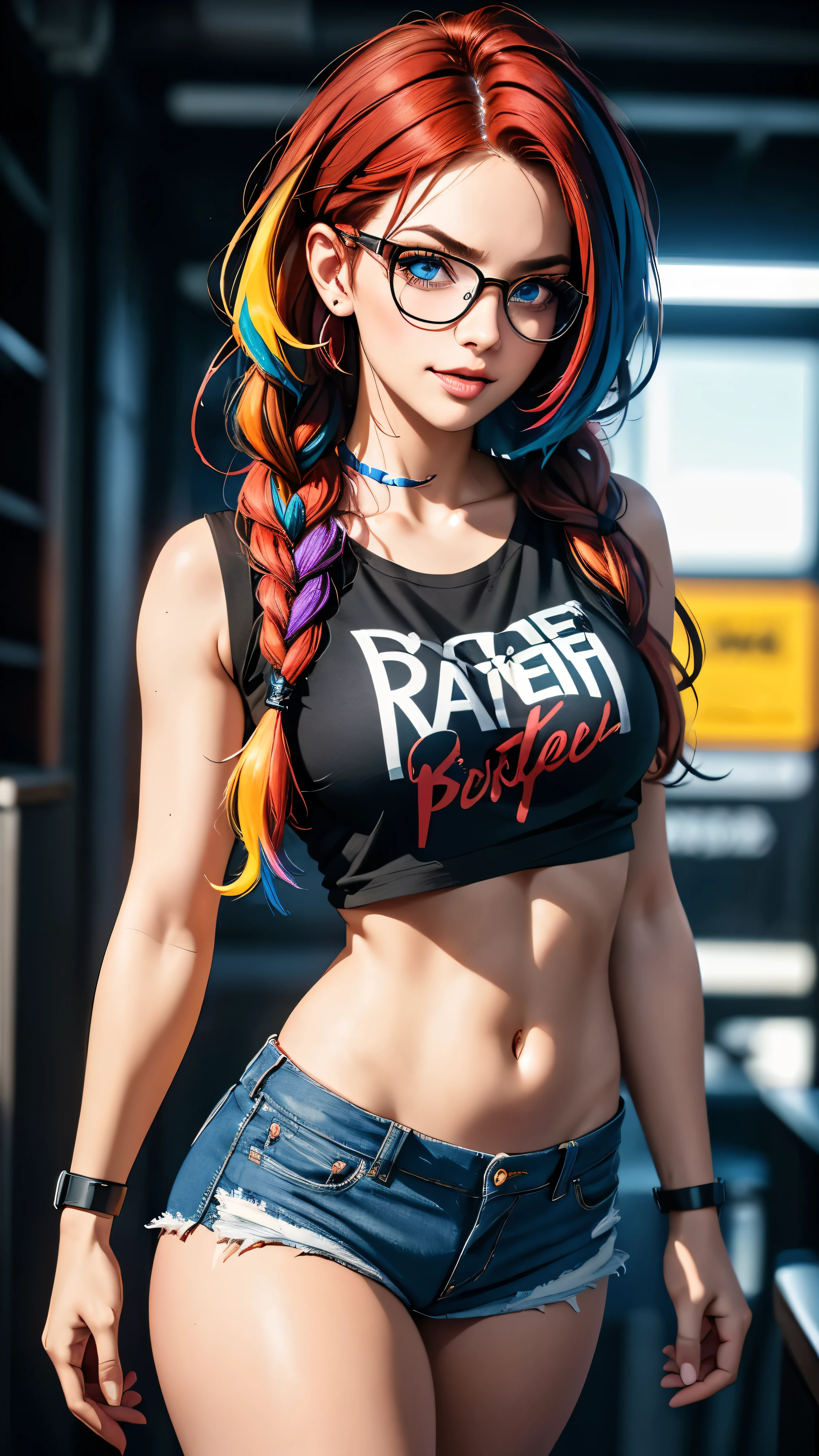 pop art style, black t-shirt, biting lip, pop punk gamer style, hand in hair, waist bend, tummy, denim shorts, stockings, beautiful blue eyes, business glasses, red tie, streaked hair, multicolored hair, colored inner hair, braid, glowing eyes, makeup, light smile, depth of field, blurry, accurate, masterpiece, retina, textured skin, super detail, high details, high quality, award winning, best quality, highres, 1080P, HD, 4K, 8k, 16k,, (highest quality, High definition: 1.2). (perfect details: 1.1), (beautiful and clean background: 1.2), (extremely detailed CG, ultra detailed, best shadow: 1.1), (exquisitely rendered beautiful eyes), (full-length 1.1)