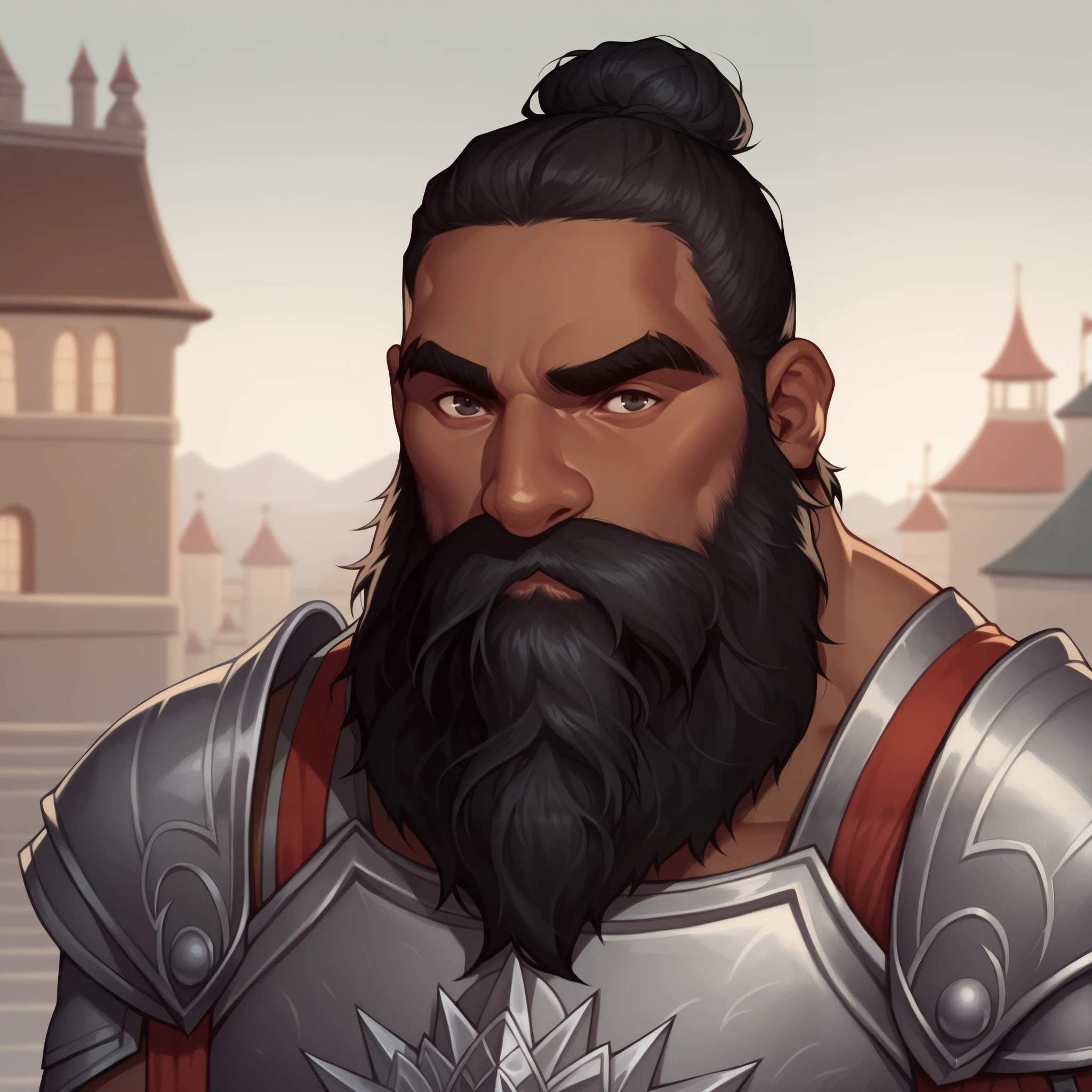 (((beautiful, high quality, comics style, detailed face))), score_9, score_8_up, score_7_up, BREAK, bust shoot view, solo, male (african) dwarf, short stature, big nose, very dark skin, 50 years old, black hair, short hair, bun, ((long beard, voluminous beard, matted beard)), strong, wide, muscular, thick eyebrows, silver knight armor, breastplate armor, Espalier, city, blurred background, Expressiveh, DeepNegative_xl_v1, detailxl, zPDXL3