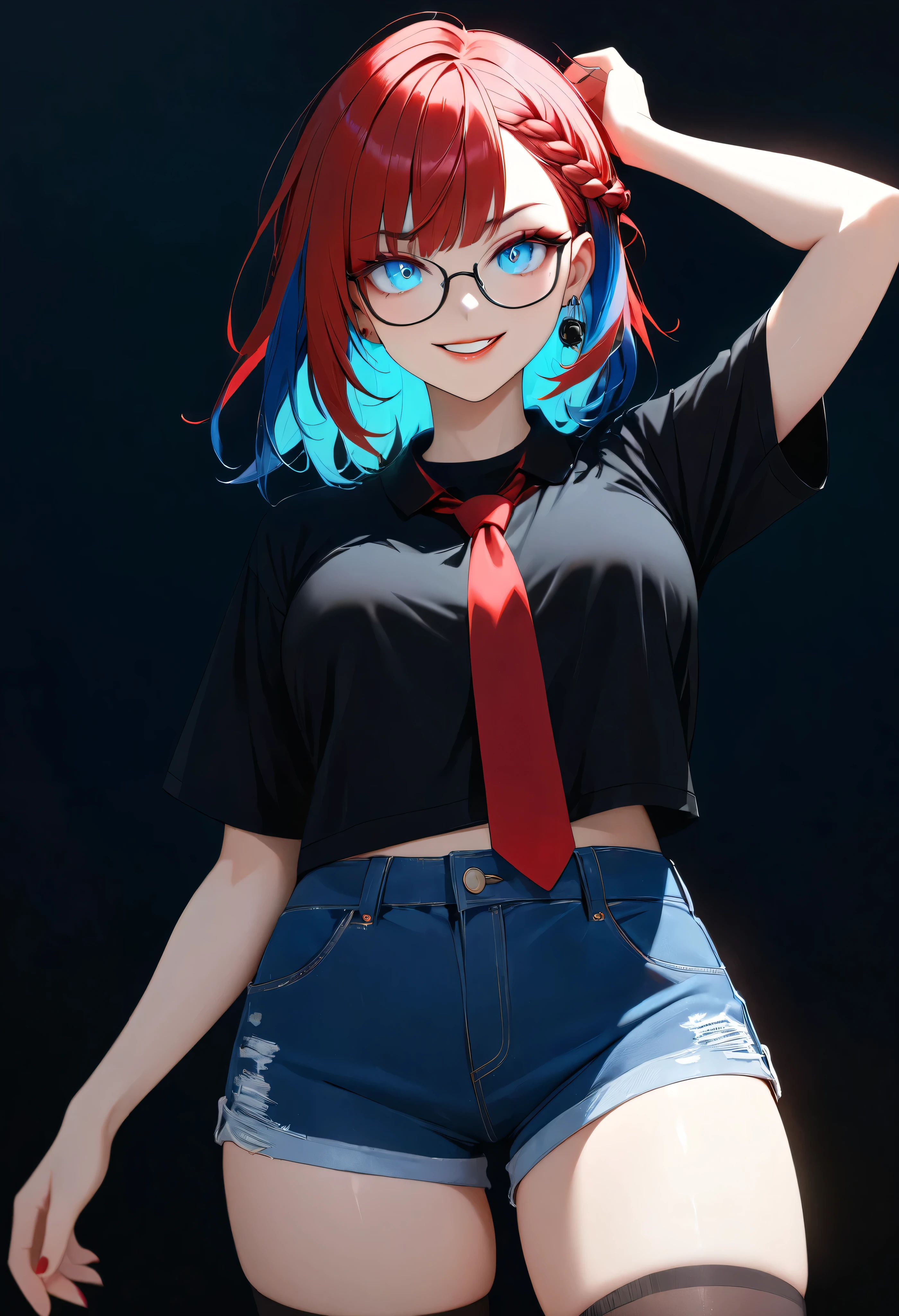 pop art style, black t-shirt, biting lip, pop punk gamer style, hand in hair, waist bend, tummy, denim shorts, stockings, beautiful blue eyes, business glasses, red tie, streaked hair, multicolored hair, colored inner hair, braid, glowing eyes, makeup, light smile, depth of field, blurry, accurate, masterpiece, retina, textured skin, super detail, high details, high quality, award winning, best quality, highres, 1080P, HD, 4K, 8k, 16k,, (highest quality, High definition: 1.2). (perfect details: 1.1), (beautiful and clean background: 1.2), (extremely detailed CG, ultra detailed, best shadow: 1.1), (exquisitely rendered beautiful eyes), (full-length 1.1)
