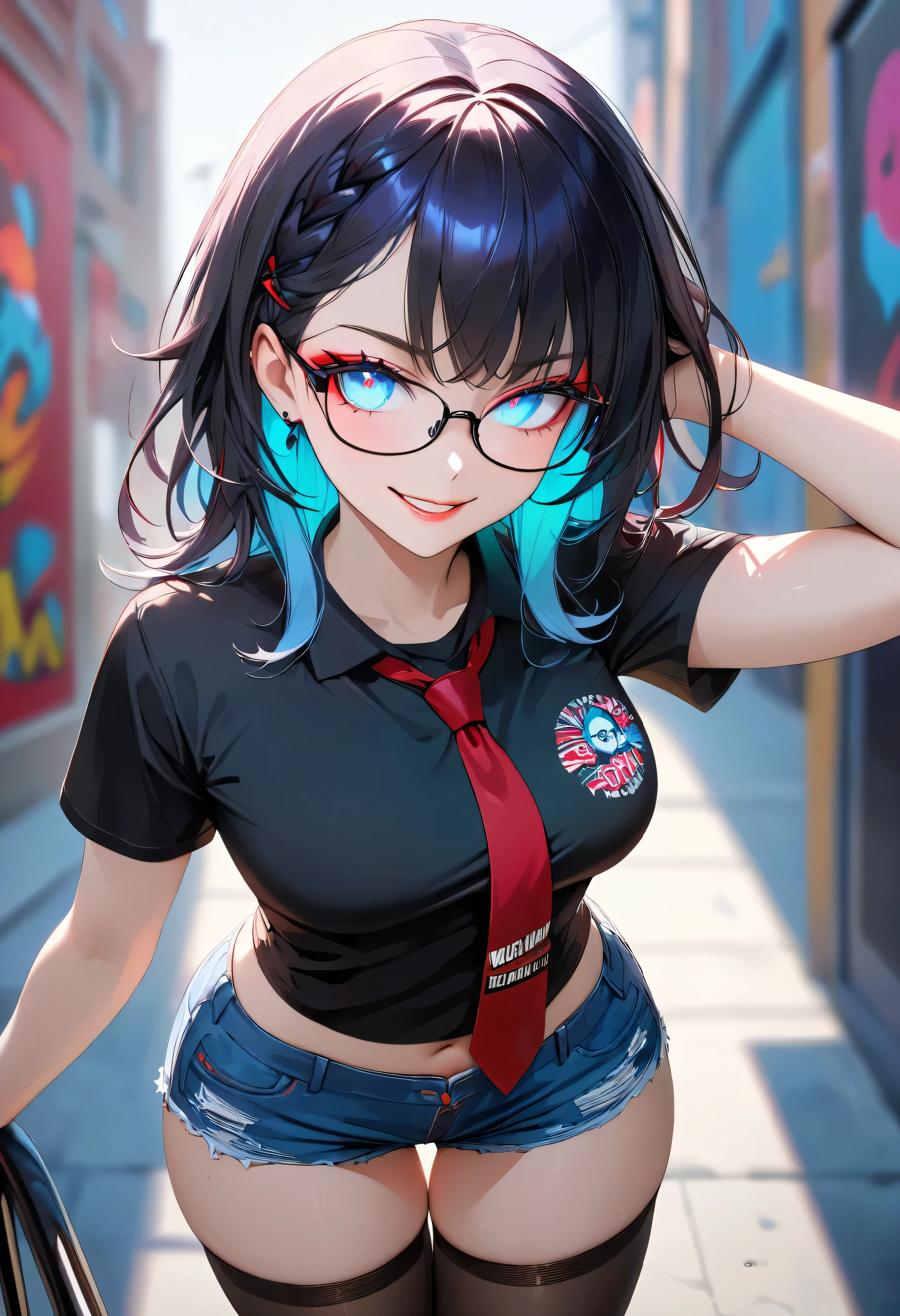 pop art style, black t-shirt, biting lip, pop punk gamer style, hand in hair, waist bend, tummy, denim shorts, stockings, beautiful blue eyes, business glasses, red tie, streaked hair, multicolored hair, colored inner hair, braid, glowing eyes, makeup, light smile, depth of field, blurry, accurate, masterpiece, retina, textured skin, super detail, high details, high quality, award winning, best quality, highres, 1080P, HD, 4K, 8k, 16k,, (highest quality, High definition: 1.2). (perfect details: 1.1), (beautiful and clean background: 1.2), (extremely detailed CG, ultra detailed, best shadow: 1.1), (exquisitely rendered beautiful eyes), (full-length 1.1)