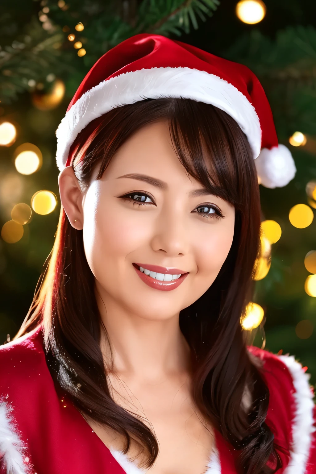 (  table top、  top quality 、8k、Award-winning works、 Ultra-fine)、  detailed face 、(  Brings Her Face Closer :1.1)、 50 years old、  Mature Woman  、 Perfect Face、( Red Santa Claus Coat:1.3)、(  Perfect Red Santa Claus Hat  :1.1)、  Cleveland  、( The most moody and romantic :1.1)、(Most Gorgeous , Luxurious, Sparkling Christmas Room  :1.4)、(  Beautiful Sparkling Christmas Lights :1.1)、 Fully effective  、  long lashes 、Beautiful lipstick、  Christmas night、(  Gorgeous Christmas Lights  :1.1)、(  giant christmas tree:1.1)、ROMANTIC EVENING  、ロマンティックな  Christmas night、( Beautiful shiny lips :1.1)、(  smile big and show her teeth  :1.1)、  Perfect and Detailed Backdrop 