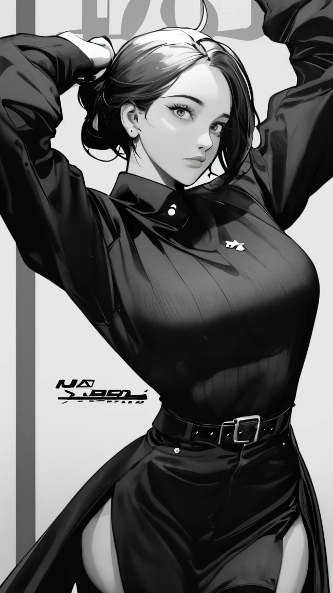 Masterpiece, ultra-detailed, manga style, women, solo, seductive, police uniform, black hair, big tits, big ass, Queen of Spades tattoo, sexy, tattoo on lower back, high resolution, detailed body render, revealing uniform, bold and confident expression.