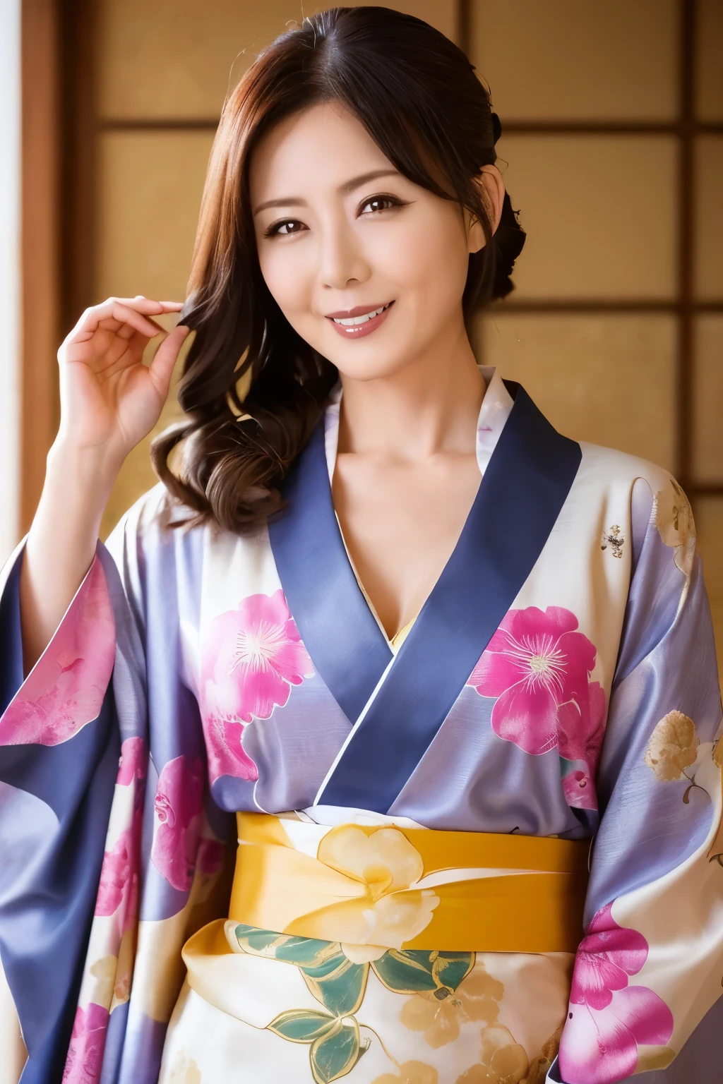 (  best quality  、  table top、8k、  Highest Image Quality 、Award-winning works)、(  beautiful成熟した女性:1.1)、Adult face、(Innkeeper:1.1)、(Luxurious、A cute kimono with a floral pattern :1.3)、(  perfect and accurate kimono with collar  :1.2)、  elegant high quality patterned kimono belt {x} perfect adult woman portrait photo、 growing skin、 She is standing gracefully 、( classical inn background  :1.4)、(Strongly blurred inn background:1.2)、 growing skin、Very  beautiful skin、(  accentuating your body line  :1.1)、(The most graceful posture:1.2)、(  big breasted:1.2)、A perfect smile、完璧な  beautiful光沢のある唇、(  Exact Anatomy:1.2)、(A perfect and elegant outfit:1.1)、(  standing in good posture:1.1)、(  beautiful,  elegant high quality patterned kimono :1.2)、、(完璧で自然な  beautiful袖:1.2)、(完璧で自然な  beautiful首輪:1.2)、(完璧で自然な  beautiful袖:1.2)、( elegant high quality patterned kimono 帯:1.4)、(The perfect wide belt:1.2)、(完璧で自然な  beautiful着物帯:1.1)、(bread:1.3)、(  face close-up:1.5)、(  Look at Me and Laugh :1.2)