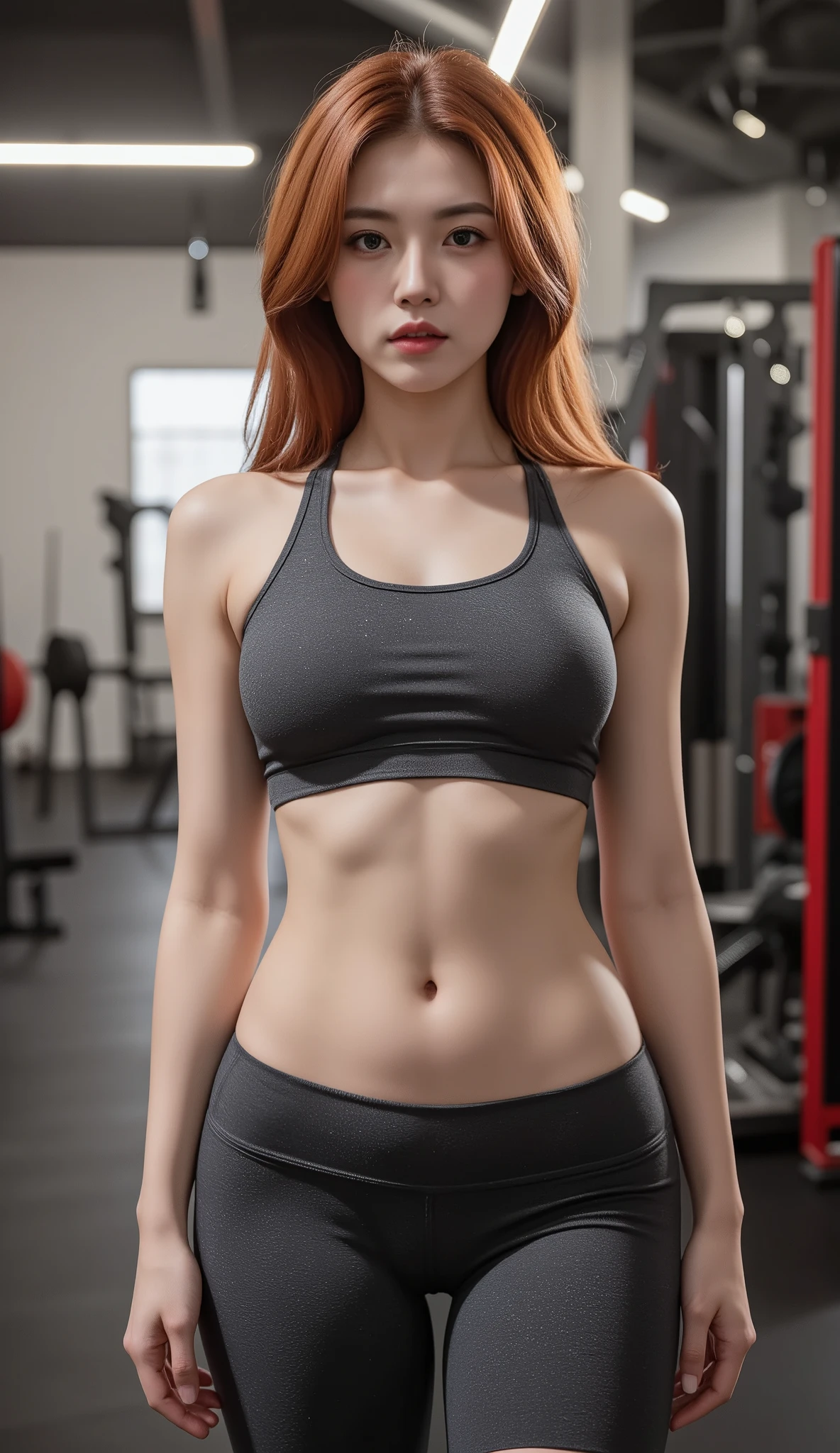 generates a beautiful woman looking tender and with soft features on her face , Redhead, with frizzy and long hair with big breasts and big legs that is hyperrealistic, with gym clothes posing in the gym
