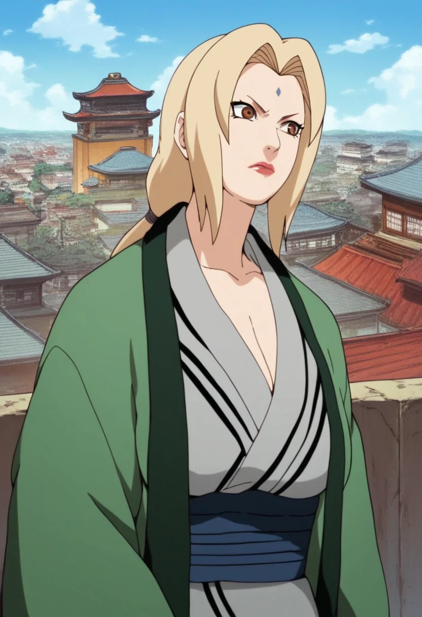 Tsunade,1 girl,Alone,maduro,breasts,large breasts,neckline, brown eyes,forehead brand,facial_brand, clavicle, Japanese clothing , long hair, mature female ,make-up, Lips, red nails ,
BREAK
outdoor ,blue sky,cloudy, ancient Japanese city, old city