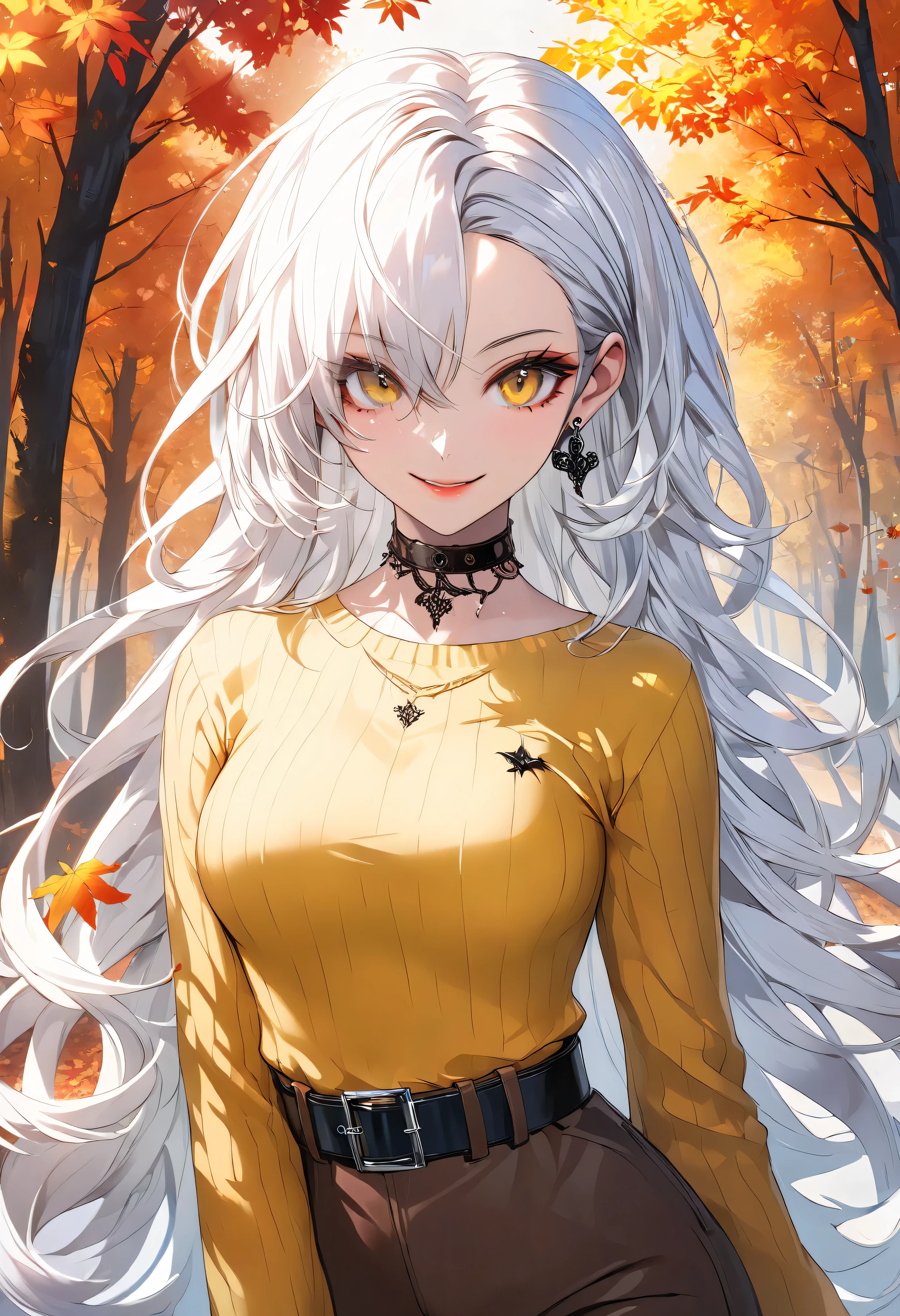Pop art style, Reflective focus, Post projection, Off-center, Autumn forest, Flying leaves, Wind, Sharp look, Sly smile, Gothic makeup, Long silky white hair curling in the wind, Yellow sweater, Medium breasts, Belt, Choker, Waist bend, Brown pants, Posing, (High quality, High resolution: 1.2). (Perfect details: 1.1), (Beautiful and clean background: 1.2), (Extremely detailed CG, Ultra detailed, Best shadow: 1.1), (Exquisitely drawn beautiful eyes), (Full length 1.1)