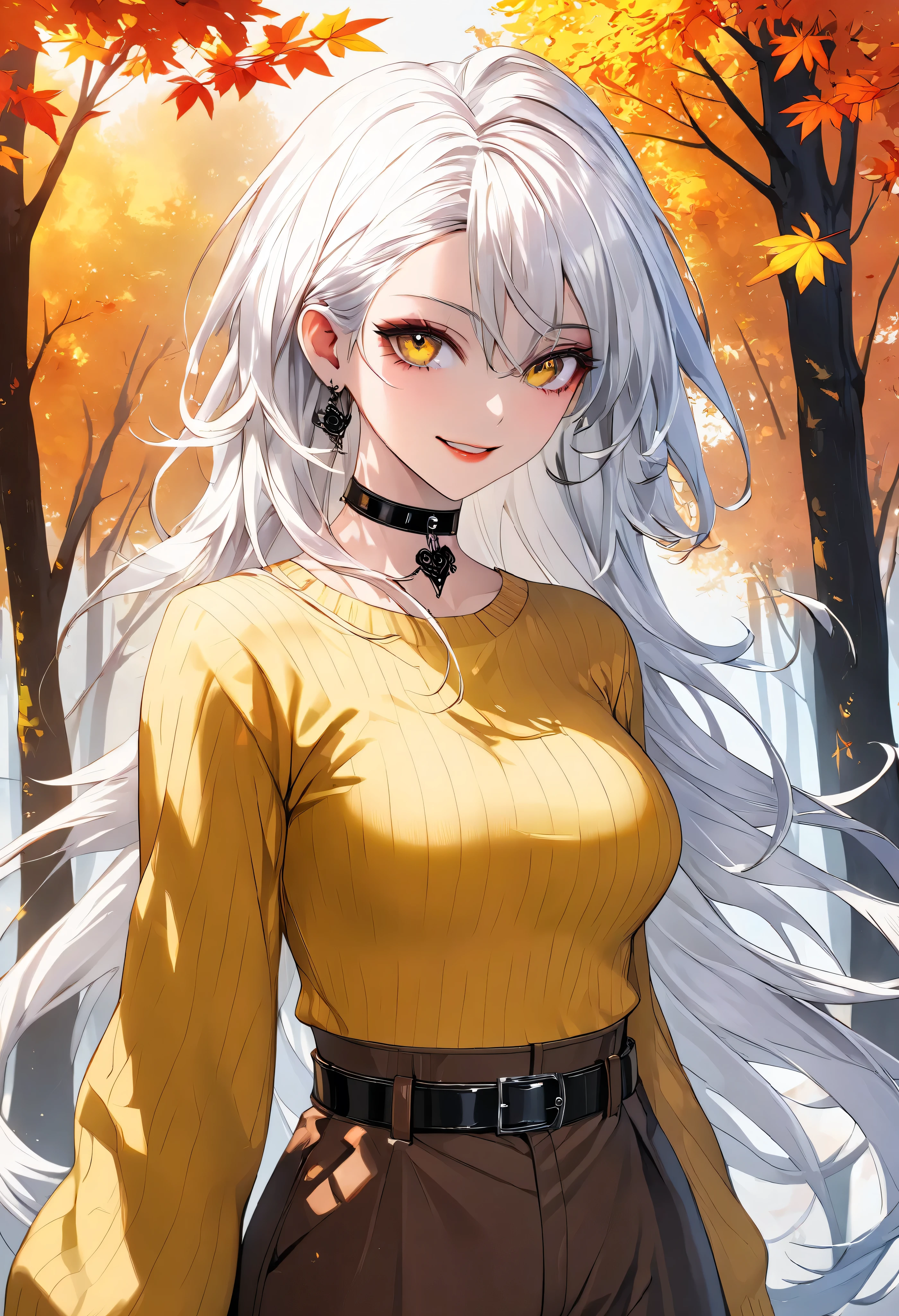 Pop art style, Reflective focus, Post projection, Off-center, Autumn forest, Flying leaves, Wind, Sharp look, Sly smile, Gothic makeup, Long silky white hair curling in the wind, Yellow sweater, Medium breasts, Belt, Choker, Waist bend, Brown pants, Posing, (High quality, High resolution: 1.2). (Perfect details: 1.1), (Beautiful and clean background: 1.2), (Extremely detailed CG, Ultra detailed, Best shadow: 1.1), (Exquisitely drawn beautiful eyes), (Full length 1.1)
