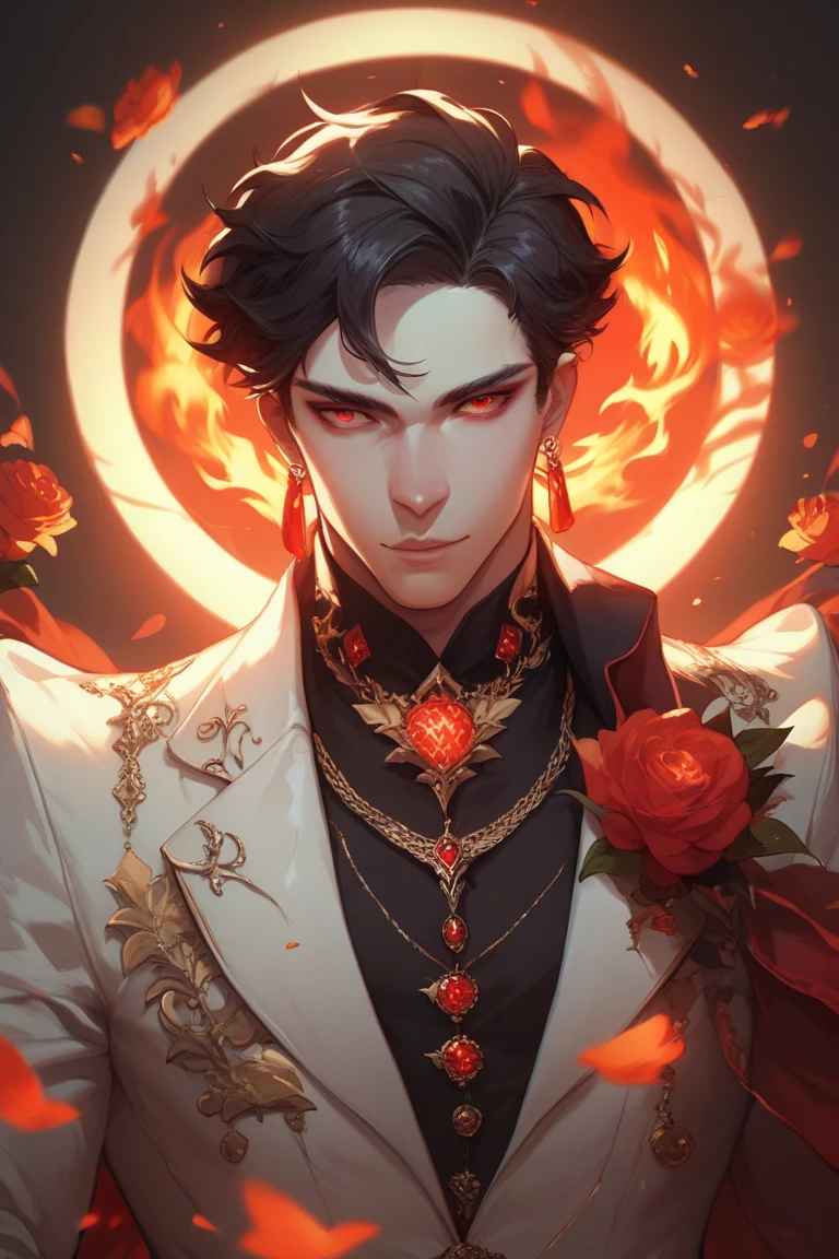 ((Лучшее качество)), ((шедевр)), (подробный), the guy is blond with shaved temples, smiling sweetly, blood is pouring from his eyes, against the background of a flaming heart