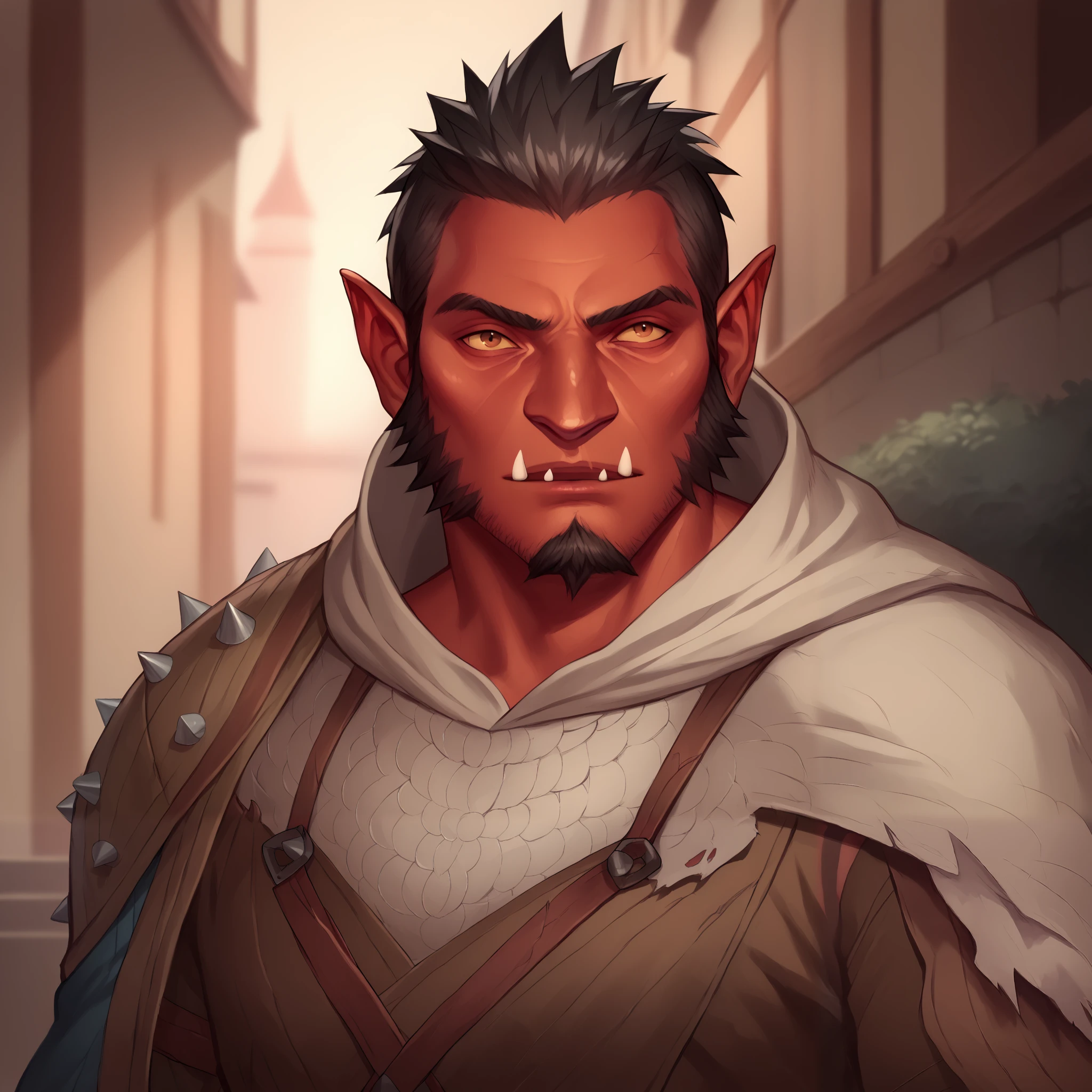 (((beautiful, high quality, comics style, detailed face))), score_9, score_8_up, score_7_up, BREAK, BREAK, portrait, solo, male Hobgoblin, red skin, fangs, big nose, tall, ((short gray-headed, spiked hair, square jaw, short beard, mature, 50yo)), brown monk tunic, hood on head, monk, cleric, fantasy city, blurred background, face focus, Expressiveh, DeepNegative_xl_v1, detailxl, zPDXL3