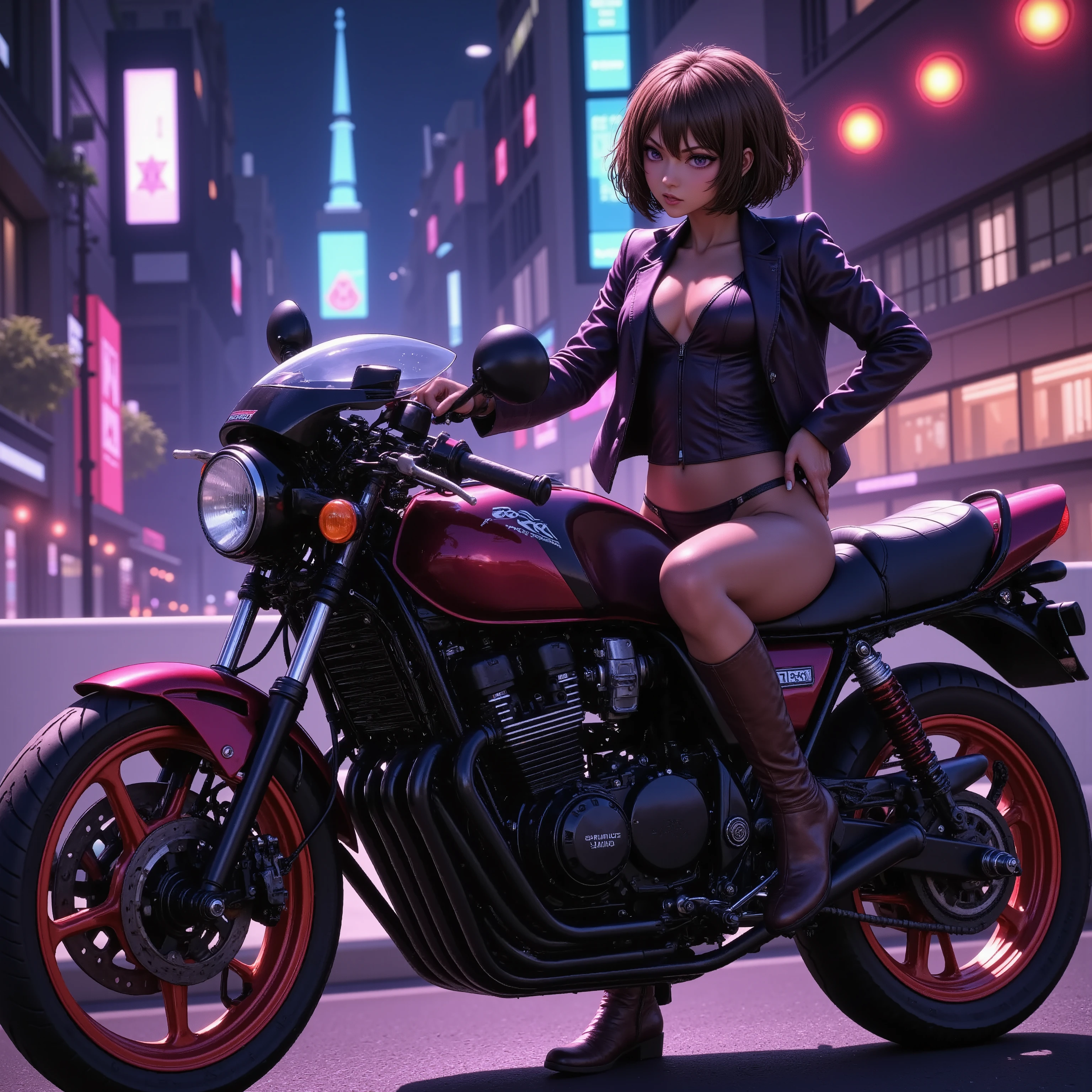  a girl (Raiko ) standing next to a motorcycle　+ night neon city +cyberpunk city + leather long boots、 split bangs  ,  movie light effect,  high resolution,  best quality , 