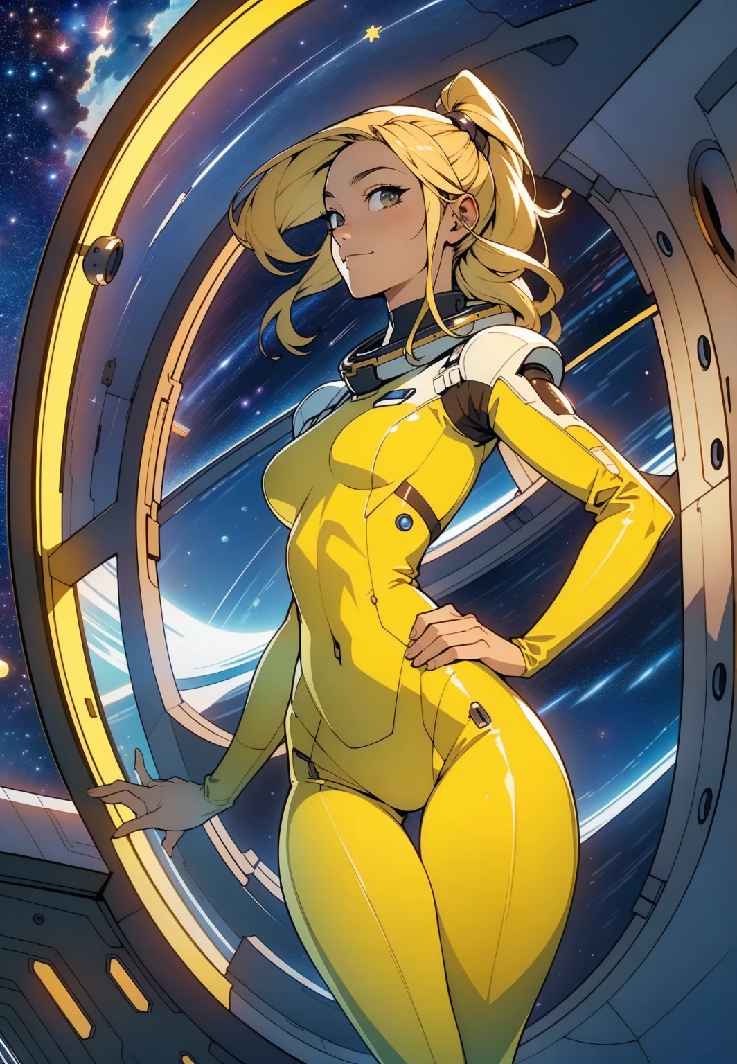 (masterpiece, best quality:1.2), (cowboy shot:1.1), solo, 1girl, mori yuki, slight smile, closed mouth, side view, looking at viewer, blonde hair, long hair, thigh gap, yellow bodysuit, skin-tight, perfect body, large window, (starship porthole:1.3), (spread legs:1.3), (standing:1.1), thigh gap, sensual pose, sideview, perfect hands, bright starship interior, (outer space view:1.1), (orbital view:1.3), (night, stary sky:1.5), milky way