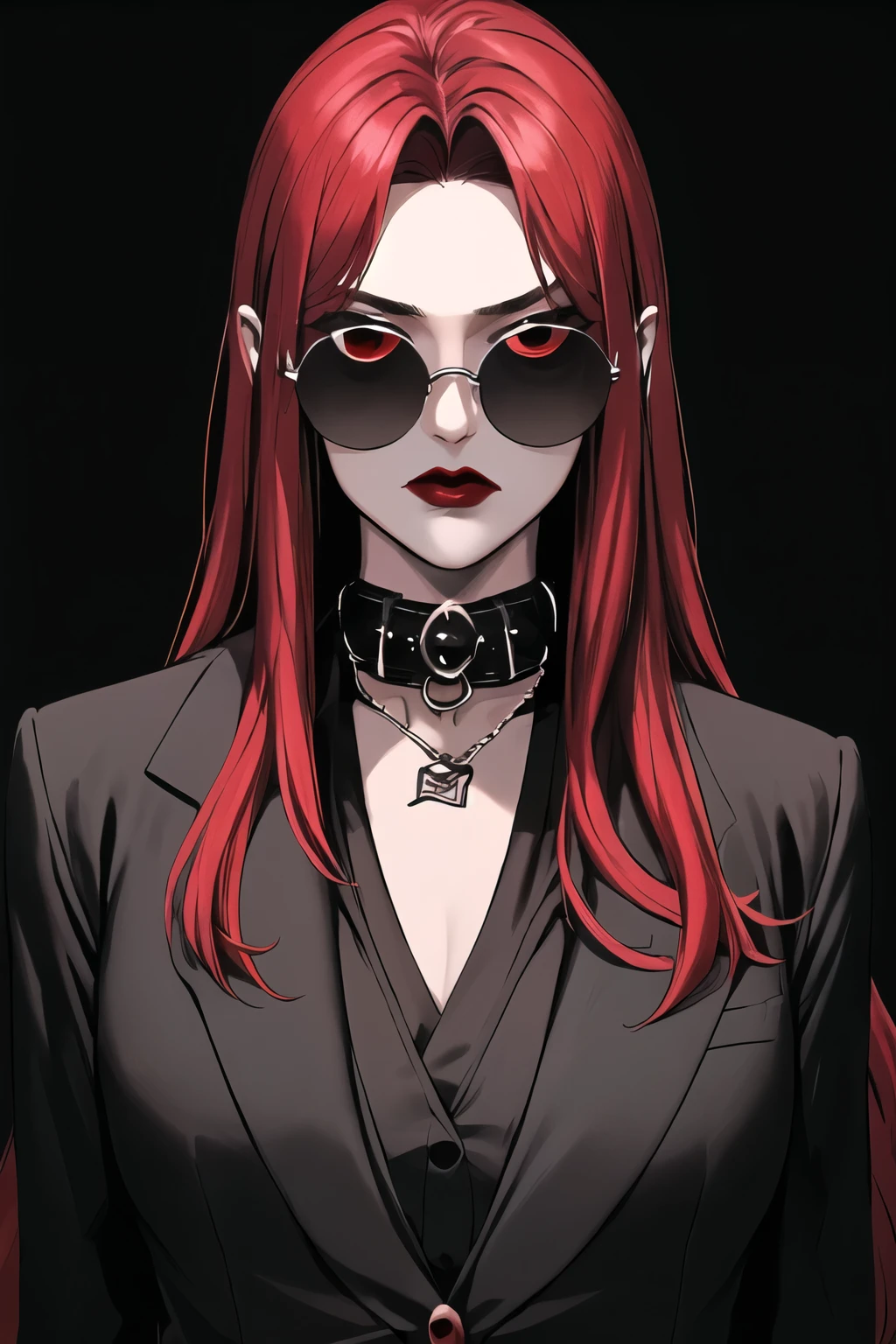 absurdities,  upper body, ( Black background,),  sunglasses, 
1 girl, Alone ,  looking at the spectator, collar,  black jacket , formal, I wore a,  Black background, Red lips,  hair behind the ear ,  long red hair ,