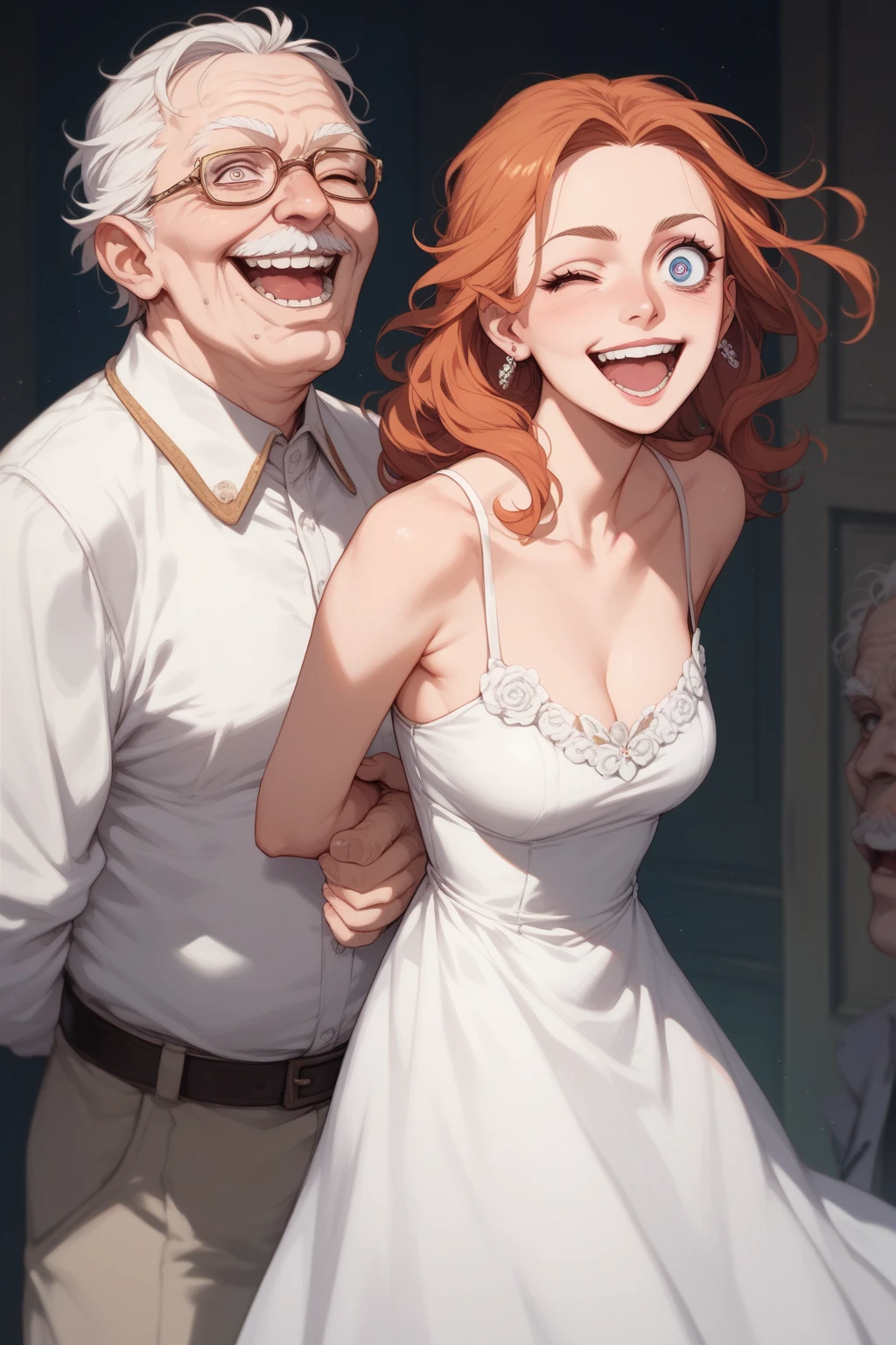 An old man from Turkey stands next to a beautiful young girl, they are a happy couple, both are happy