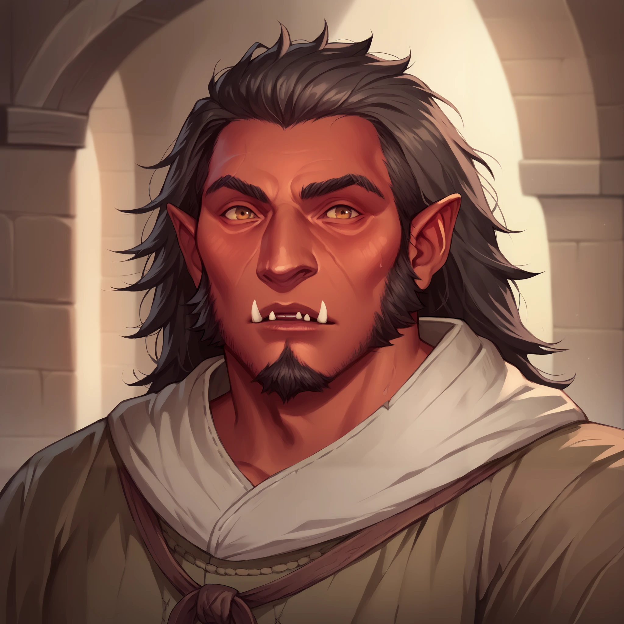 um close up de um homem com cabelos longos e barba, Retrato de um Orc, male vampire of clan banu haqim, Retrato de um guerreiro orc, Retrato de fin wildcloak, retrato dnd, dnd retrato, Retrato de um personagem DND, dnd retrato da arte do caractere, Um retrato de um elfo masculino, Retrato de Drizzt Do'Urden