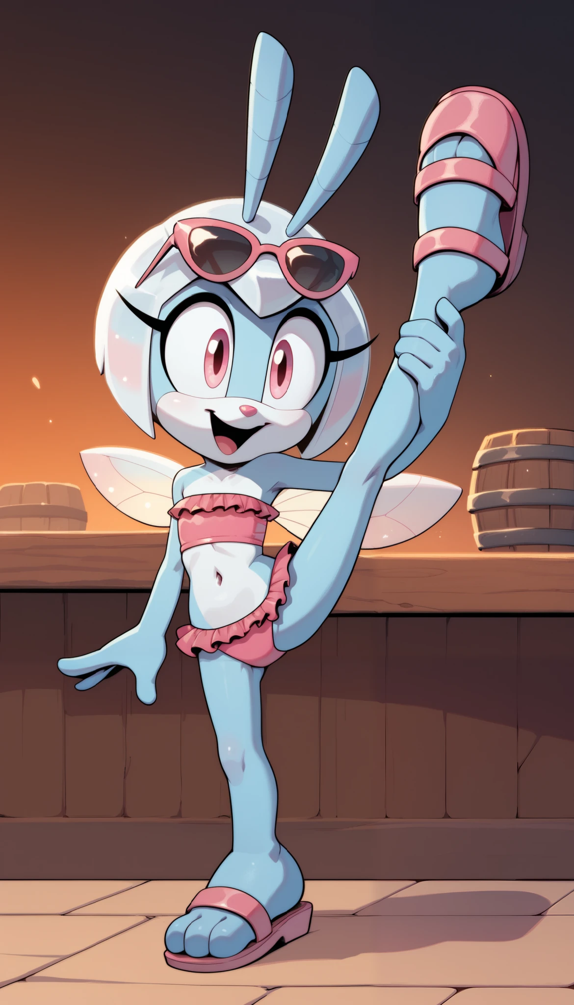 score_9, score_8_up, score_7_up, 1girl, solo, j3w3l, blue skin, eyelashes, white skin, animal nose, white hair, beetle, pink eyes, bob cut, antennae, petite, insect wings, afterimage, (short body, tiny body), ((sunglasses on head, pink bundeau strapless frilly bikini, sandals)), sassy expression, shiny skin, full body, feets with three toes, cute, big head, tavern, standing one leg up, navel, :3, happy, leg hold pose, one leg up, flexible,