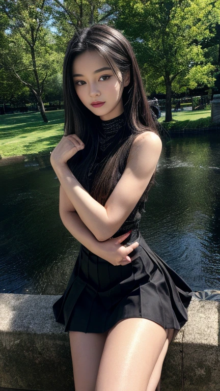 ( masterpiece, top quality, best quality,8k,17 years old girl,ultra detailed,raw photo:1.5),(photorealistic:1.4), (long black hair:1.5), (cinematic lighting), PerfectNwsjMajic, , Surrealism, UHD, ccurate, Super detail, textured skin, High detail, Best quality, dynamic angle, (high nose,White skin),[Beautiful blue eyes],[flat chest:large breasts:0.5],(1girl),(good anatomy:0.5)),(outside:1.5),