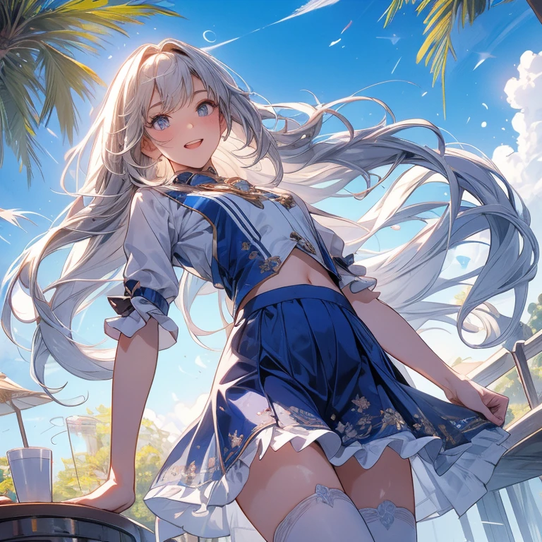 1 girl, solo, small breasts, light gray hair, green eyes, standing on one leg, one hand behind the head, arms up, cute anime girl has a white dress and a nice hat, (Full Body1.6), look at viewer, eyeliner, ahoge, bow neck (Long Hair:1.7), depth of field, (Character Focus:1.1), crisp focus, (Mid Shot:1.1), in the flower garden and shrubs, blue sky, cloud, Delicate work, ((best quality)). ((Masterpiece)). ((ultra-detailed)). (illustration). (detailed light)*Resolution*Sharpen HDR Colorful*Illustration*8K*Wallpaper*Detailed 8K CG Wallpaper*Full Body*Ray Tracing
