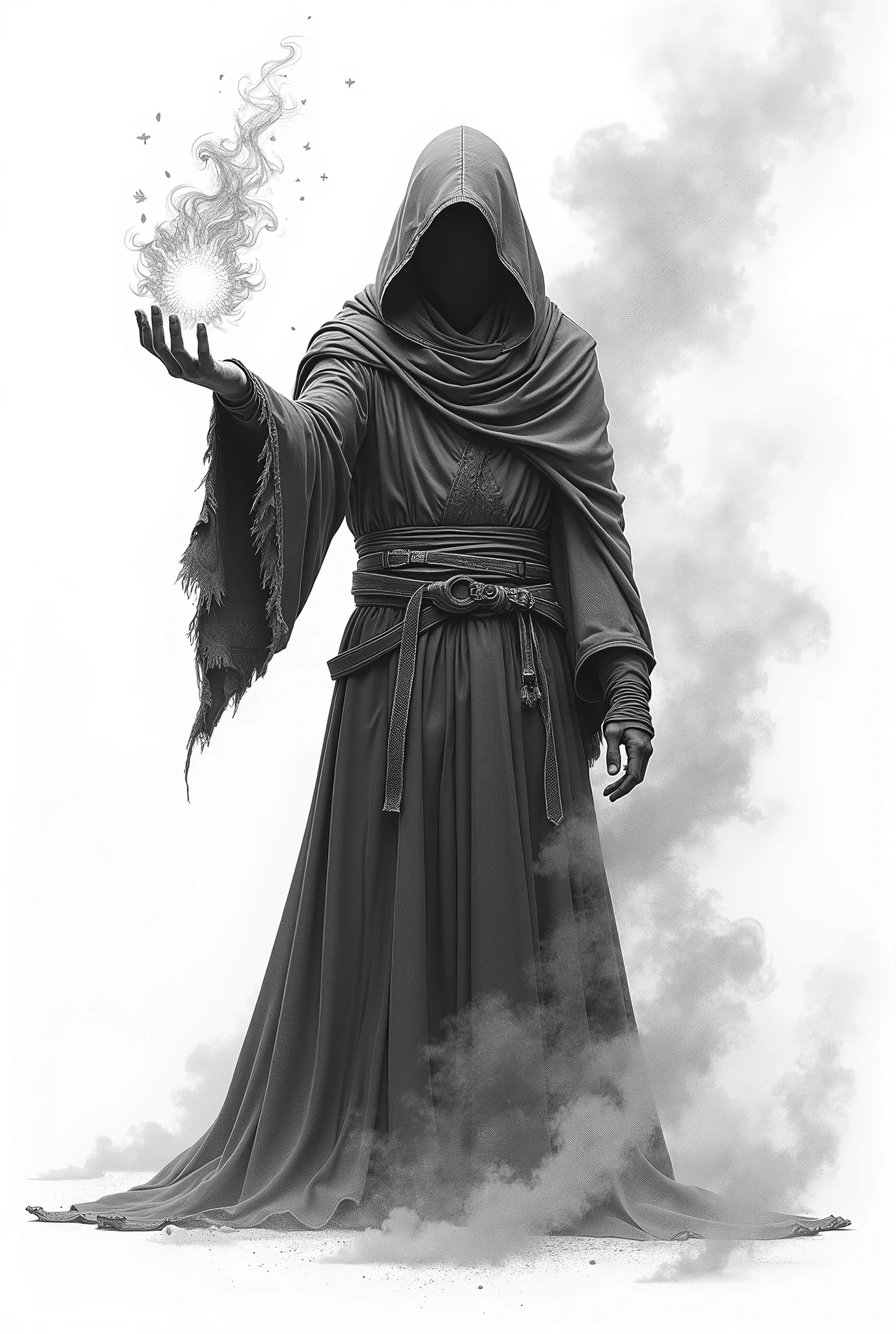 A pencil drawing of an in dark, hooded attire holding a hand casting a fireball, with intricate smoke swirling around them against a white background. The focus is sharp, and the scene has a dynamic composition.