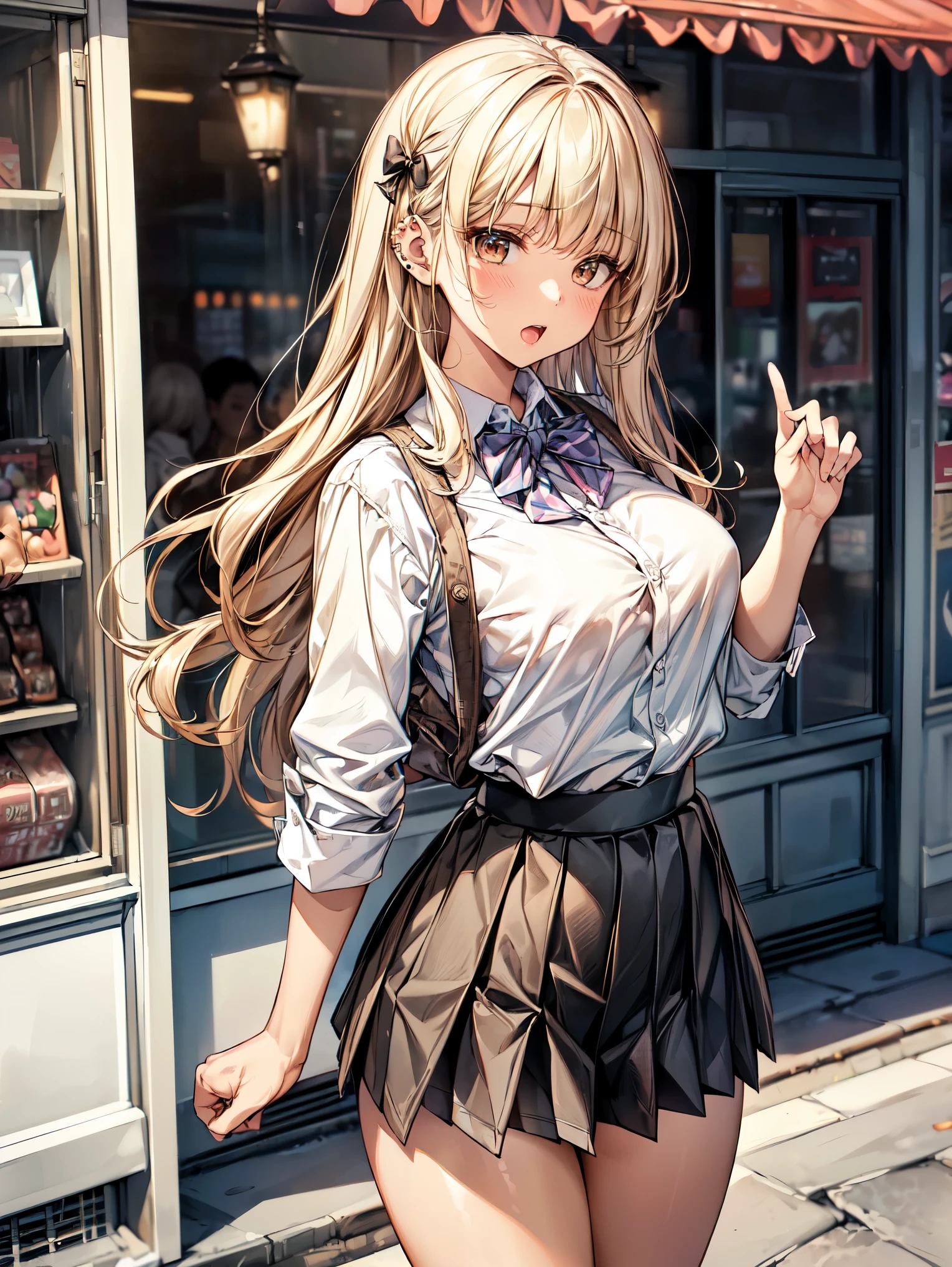 soft light, beautiful body, (masterpiece、Highest quality、Very detailed:1.3), (masterpiece, Highest quality, Very detailed)), ((bokeh)), (short focus lens:1.4), One girl, gyaru, ((Brown skin:1.3)), Blonde, Long Hair, blunt bangs, Wavy Hair, Grey Eyes, Large Breasts, Thick thighs, ((lots of piercing)), healthy, proportionate build, (portrait of a person, DSLR style, shallow depth of field, background blur, bokeh effect, f/1.8:1.1), 1girl, (open mouth, tongue out:1.2), looking at viewer, twenties, (white collar shirt:1.3), (bow tie:1.3), (Black pleated skirt, micro miniskirt:1.3), black high socks, black loafers, head to thighs, tilting head, (sexy pose:1.3), (beautiful scenery), (bustling daytime street, crowded with people, colorful storefronts, outdoor cafes, bright sunlight, clear blue sky, urban scene), very wide, panorama view, sense of depth, magnificent view,, wide angle