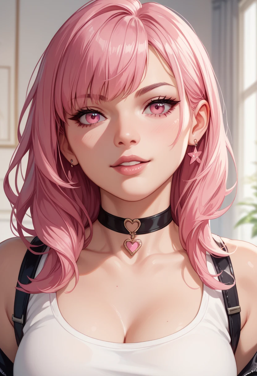 Cool women、sexy、Center of chest、Rize from Chainsaw Man、beauty、Yandere、、Face close-up、Kiss with your eyes closed、Chest tattoo、Christian Dior Necklace、(Background white)、(Twin tails)、((Pink Hair))