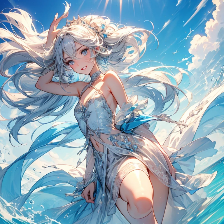 (Vulgar,nsfw),
((panty shot)),((lifting skirt)),((white panties focus)),(beautiful elegant white panties),♥low angle,from below,
♥full body,(looking back at the viewer),(sexy elegant blue bikini),high angle,from above,cleavage,((1girl,cute,young,semi long beautiful silver hair,blunt bangs,beautiful blue eyes,medium boobs)),(beautiful beach,sand,waves,blue sky),(solo),(bathing in the sea), innocent smile,cinematic lighting and pause,
♥low angle,from ground,panty patterns