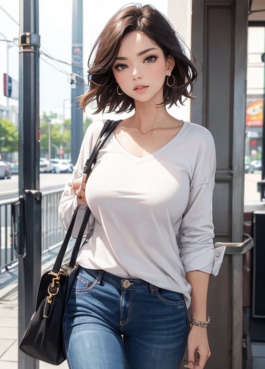 android 18, android 18, blonde hair, blue eyes, eyelash, hoop earrings, short hair, earrings, break belt, black legwear, black shirt, breast pocket, cleavage, clavicle, denim, denim skirt, high-waist skirt, jewelry, long sleeve, pocket, shirt, shirt tucked in, skirt, striped, striped sleeves, waistcoat,, break outdoors, city, null, cloud, sun, break looking at viewer, (cowboy shot:1.5), break (masterpiece:1.2), highest quality, High resolution, unity 8k wallpaper, (shape:0.8), (beautiful and detailed eyes:1.6), highly detailed face, perfect lighting, Very detailed CG, (perfect hands, perfect anatomy)