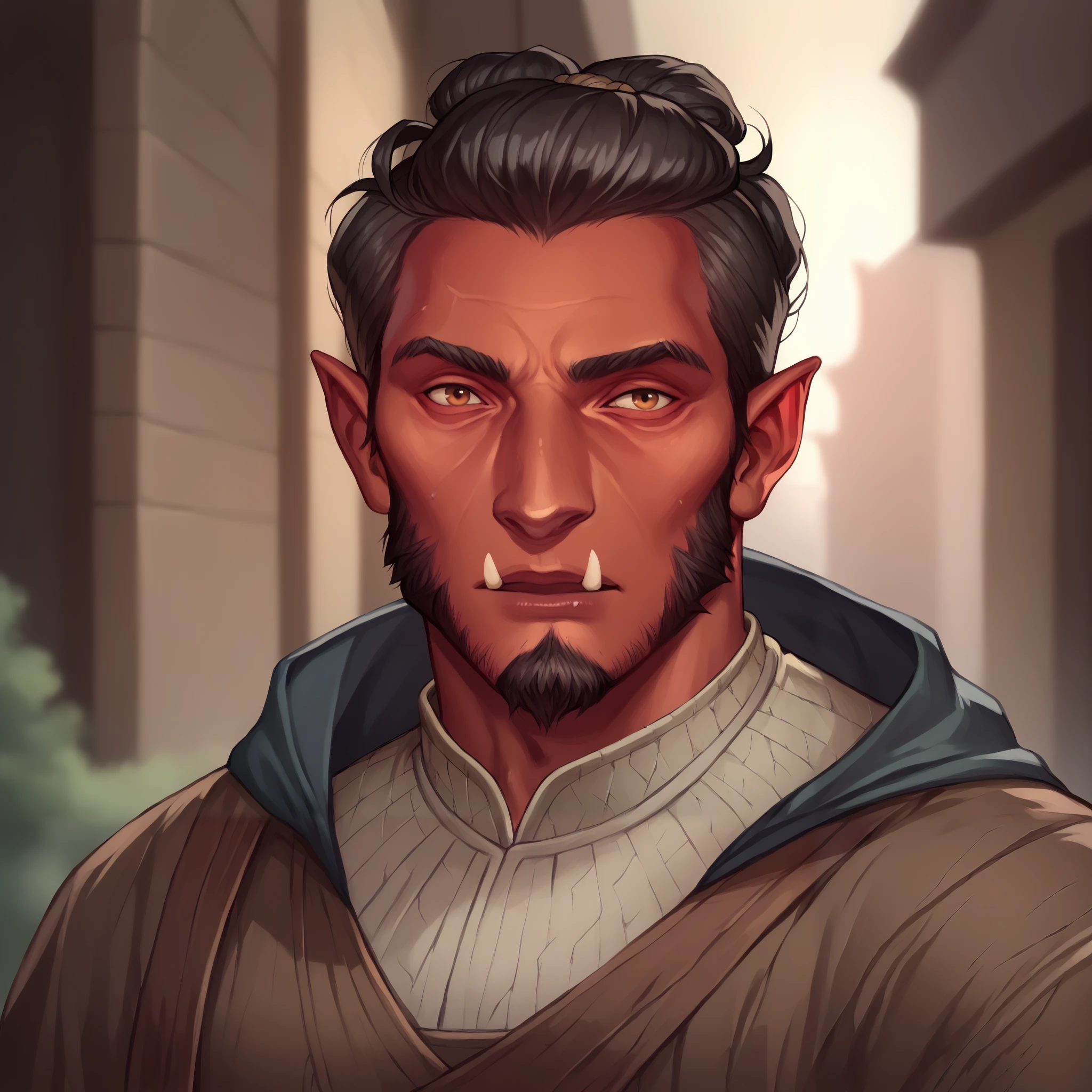 (((beautiful, high quality, comics style, detailed face))), score_9, score_8_up, score_7_up, BREAK, BREAK, portrait, solo, male Hobgoblin, red skin, fangs, big nose, tall, ((short gray-headed, square jaw, short beard, mature, 50yo)), brown monk tunic, hood on head, monk, cleric, fantasy city, blurred background, face focus, Expressiveh, DeepNegative_xl_v1, detailxl, zPDXL3
