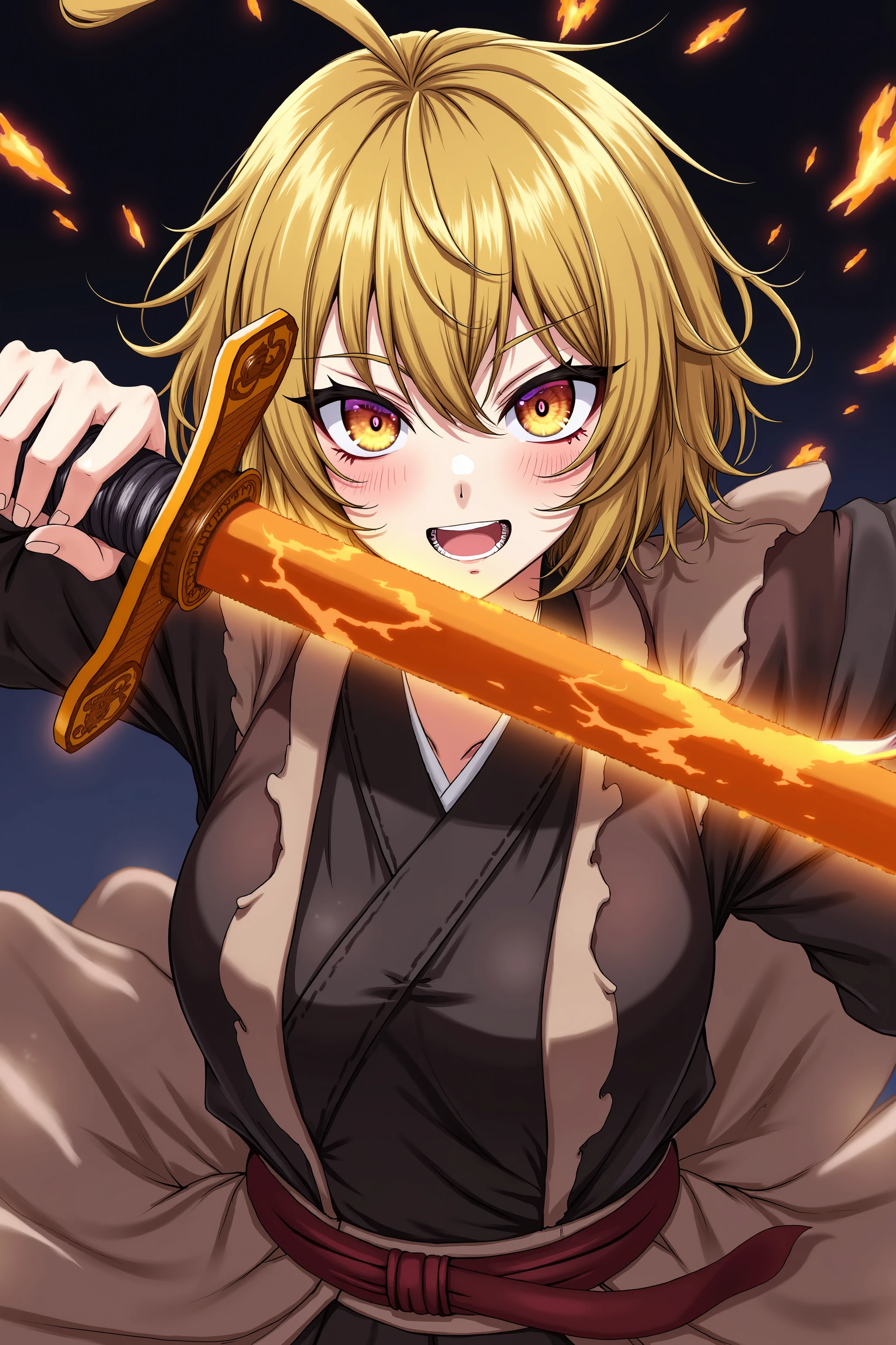  1 Girl   (Raiko )　+Master Swordsman　+ hold the sword　+Overwhelm Enemies 　+ninja　+Sengoku Warlord Armor　+The big picture　+Yellow Hair　+The dignity of the general　+Glossy tanned skin　+Magical sword that glows orange、
Battlefield　+ Night Sakura　+ Sword Effects　+ rough breathing  +Crazy Eyes  + Textured Skin  + movie light effect