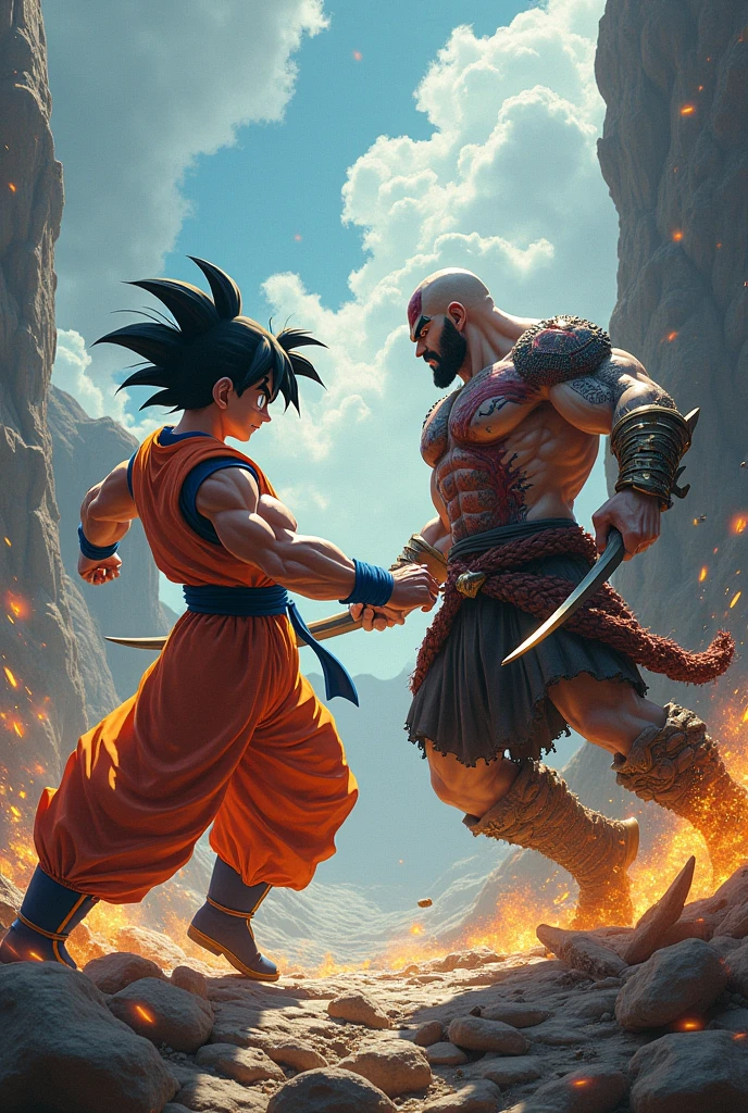 In a dust-filled arena, Son Goku and Kratos clash with earth-shattering force. Goku unleashes a Kamehameha, its blue light slicing through the night, while Kratos, driven by seething fury, deflects the attack with his blood-stained axe. Each combatant fights with profound determination and emotion, their every move reflecting their inner struggles. Explosions of energy and thunderous impacts break the night’s silence, creating a battle that transcends mere combat—an intense display of strength and resolve from two unyielding souls.