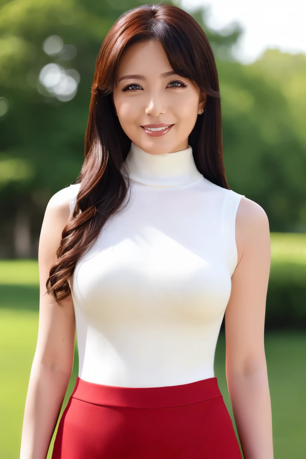(   top quality 、   table top、8k、    Highest Image Quality Sharp Shooting   、Award-winning works)、     arm 、Age 55、  face close-up、(Alone:1.1)、Perfect and beautiful composition   、(Accurately:1.1)、( Highlight Your Body Line :1.1)、   slender body、(    Perfect White Turtleneck Sleeveless Knitted Sweater:1.3)、(   Elegant Red Melton Skirt   :1.3)、( Wrinkle Free Red Milton Fabric Skirt    :1.2)、     Look at Me and Laugh   、(   blurry background  :1.1)、(    Hibler Accurate City Park Backdrop    :1.1)、  She is standing gracefully  、 Natural Cosmetics  、Ultra HD beautiful face 、   ultra HD hair、  Ultra High Resolution Gloss Skin     、(Ultra High Definition Glowing White Skin   :1.1)、 Super Quality Glowing Lips  、   Exact Anatomy、(   very bright and vivid   :1.1)