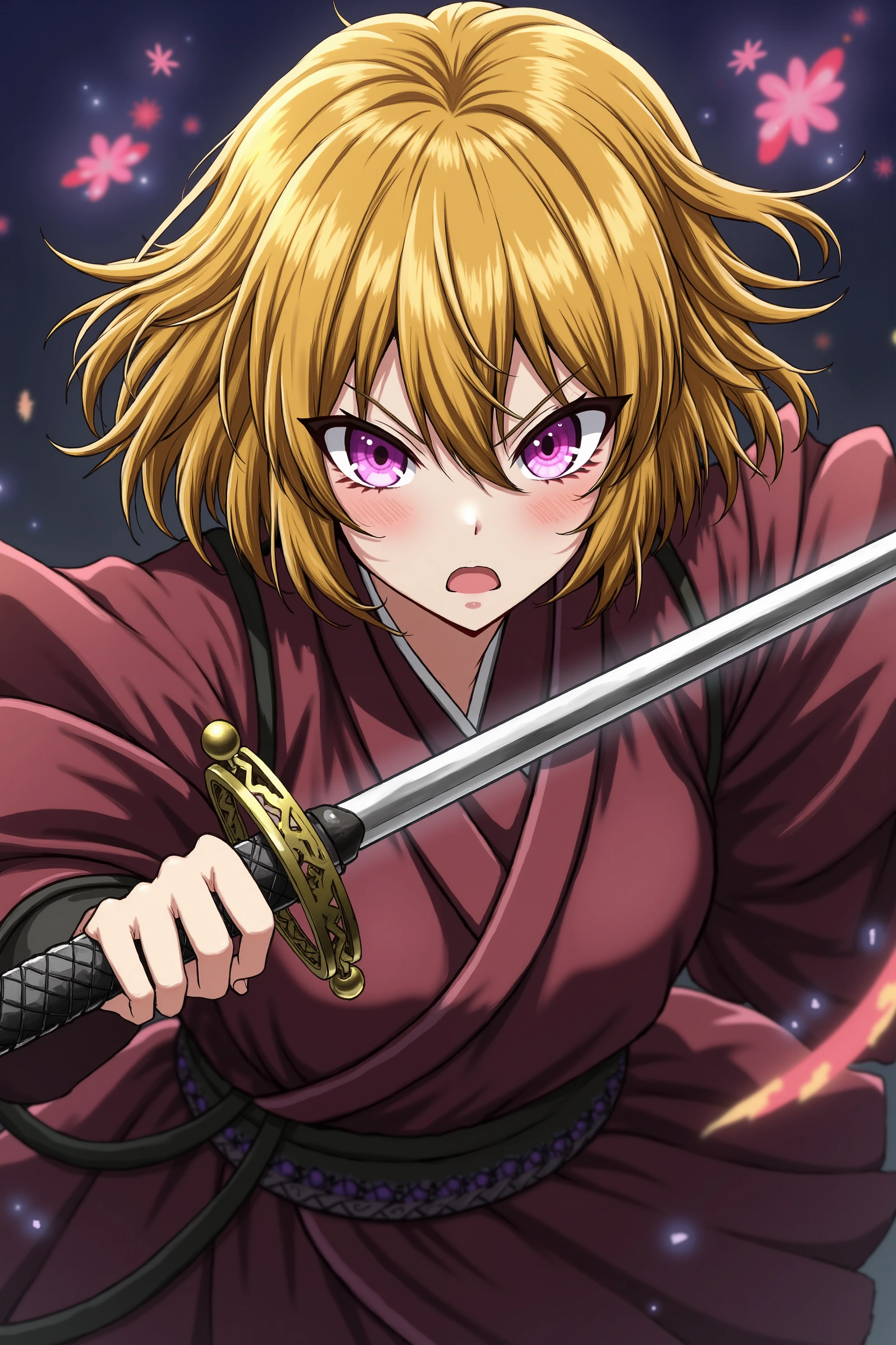 1 Girl (Raiko ) +Master Swordsman + hold the sword +Overwhelm Enemies +ninja +Sengoku Warlord Armor +The big picture +Yellow Hair +The dignity of the general +Glossy tanned skin +Magical sword that glows orange、
Battlefield + Night Sakura + Sword Effects + rough breathing +Crazy Eyes + Textured Skin + movie light effect