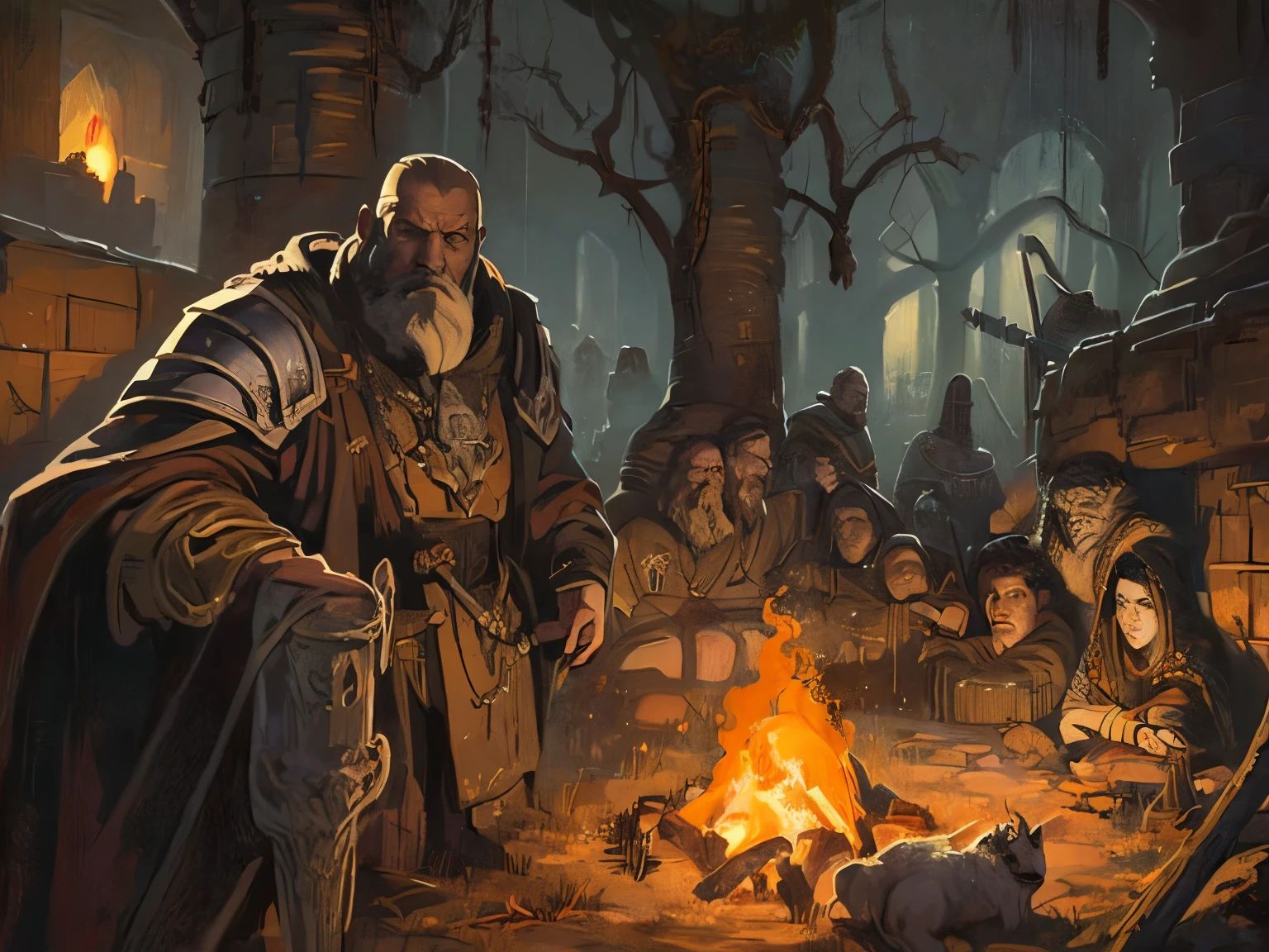 A pixelart image of the characters surrounded by a campfire, FanUn, The atmosphere is grim, fitting the dark fantasy Renaissance Era theme, and the depiction is in a realistic oil painting style, emphasizing the emotional weight and harsh reality of the situation.
