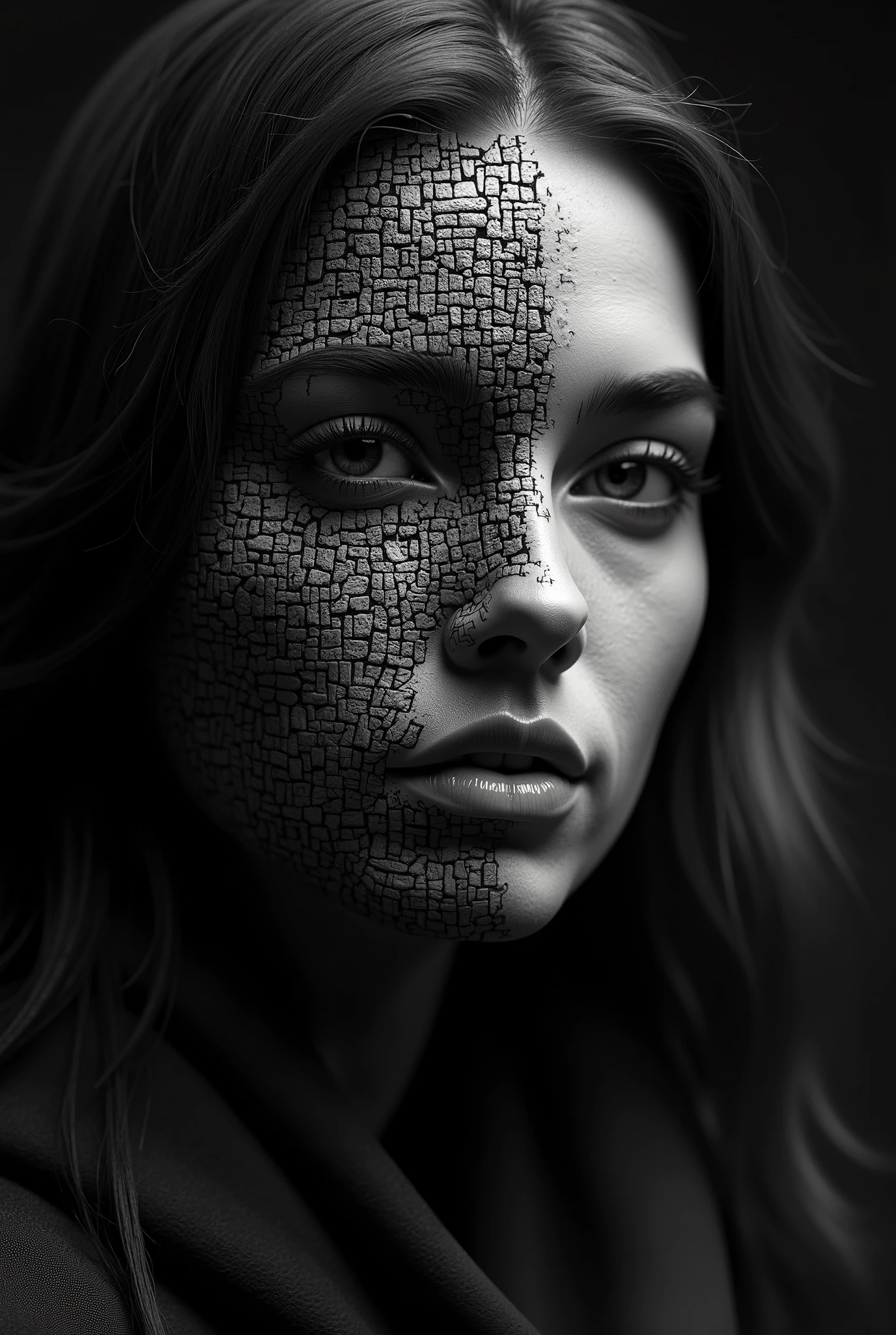Super detailed high-quality 8K The image is a black and white close up portrait of a mysterious and beautiful woman's face. The image of the woman is made up of small, irregularly shaped hieroglyphs that are other worldly in nature , creating a textured and abstract design. The hieroglyphs are arranged in a way that they form the shape of the woman's and face, Her eyes have an intensity and her hair in long and flows in a beautiful way. The background is dark, making the portrait stand out. Dynamic lighting creates intensity in the scene. illustration, 3d render. Surreal, abstract and other worldly. Created with love by Sasan.
