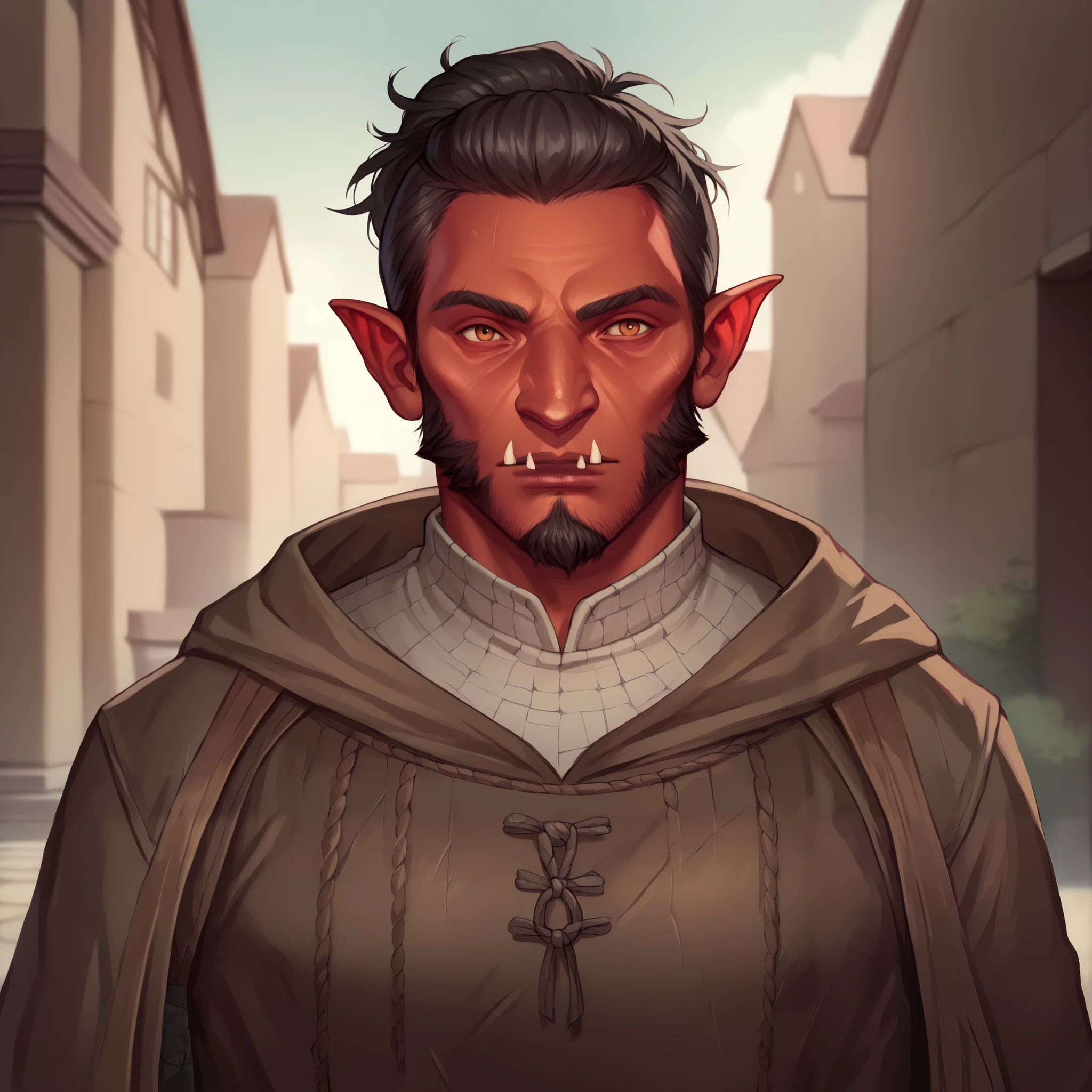 (((beautiful, high quality, comics style, detailed face))), score_9, score_8_up, score_7_up, BREAK, BREAK, portrait, solo, male Hobgoblin, red skin, fangs, big nose, tall, ((short gray-headed, square jaw, short beard, mature, 50yo)), brown monk tunic, hood on head, monk, cleric, fantasy city, blurred background, face focus, Expressiveh, DeepNegative_xl_v1, detailxl, zPDXL3