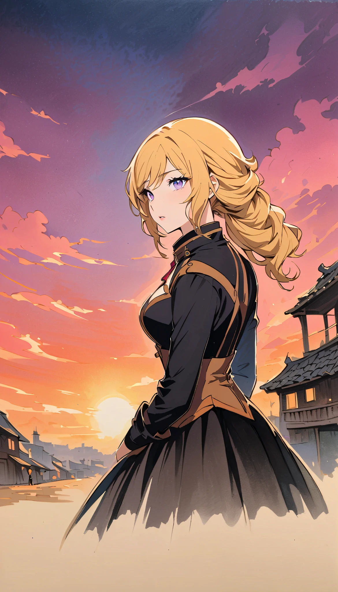 vintage movie, girl, wavy blonde hair, woman body, black top, black bodycon skirt, black boots, village View, Sunset, Silhouette of clouds, traditional media, Contemplative. yang xiao long from rwby, ((purple eyes))