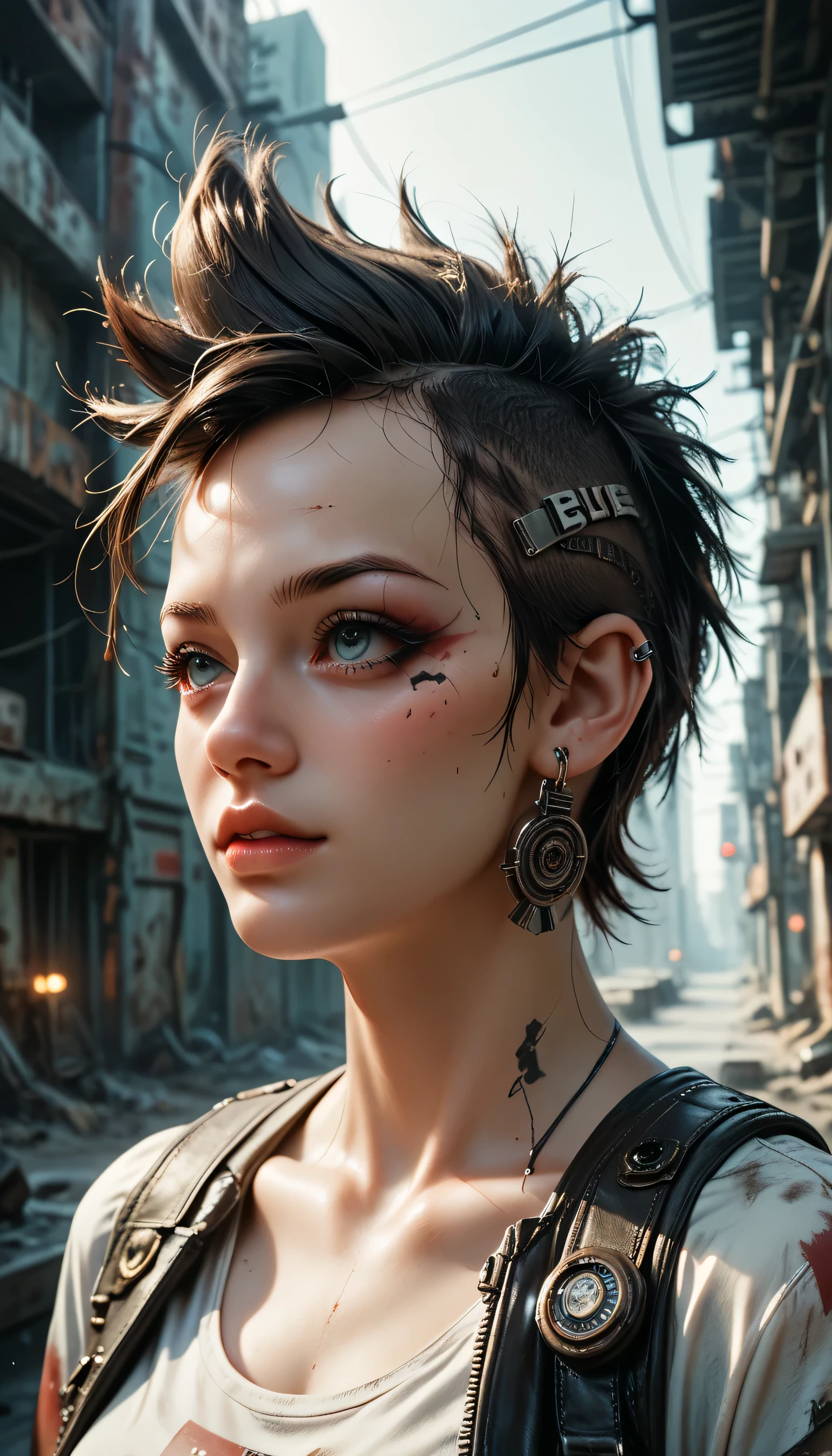 Portrait of 1 young woman ,Science fiction, complex punk background, Mad Max , Futuristic, Postapocalyptic, Dark, Low light, ((masterpiece, Best quality, )), Renaissance