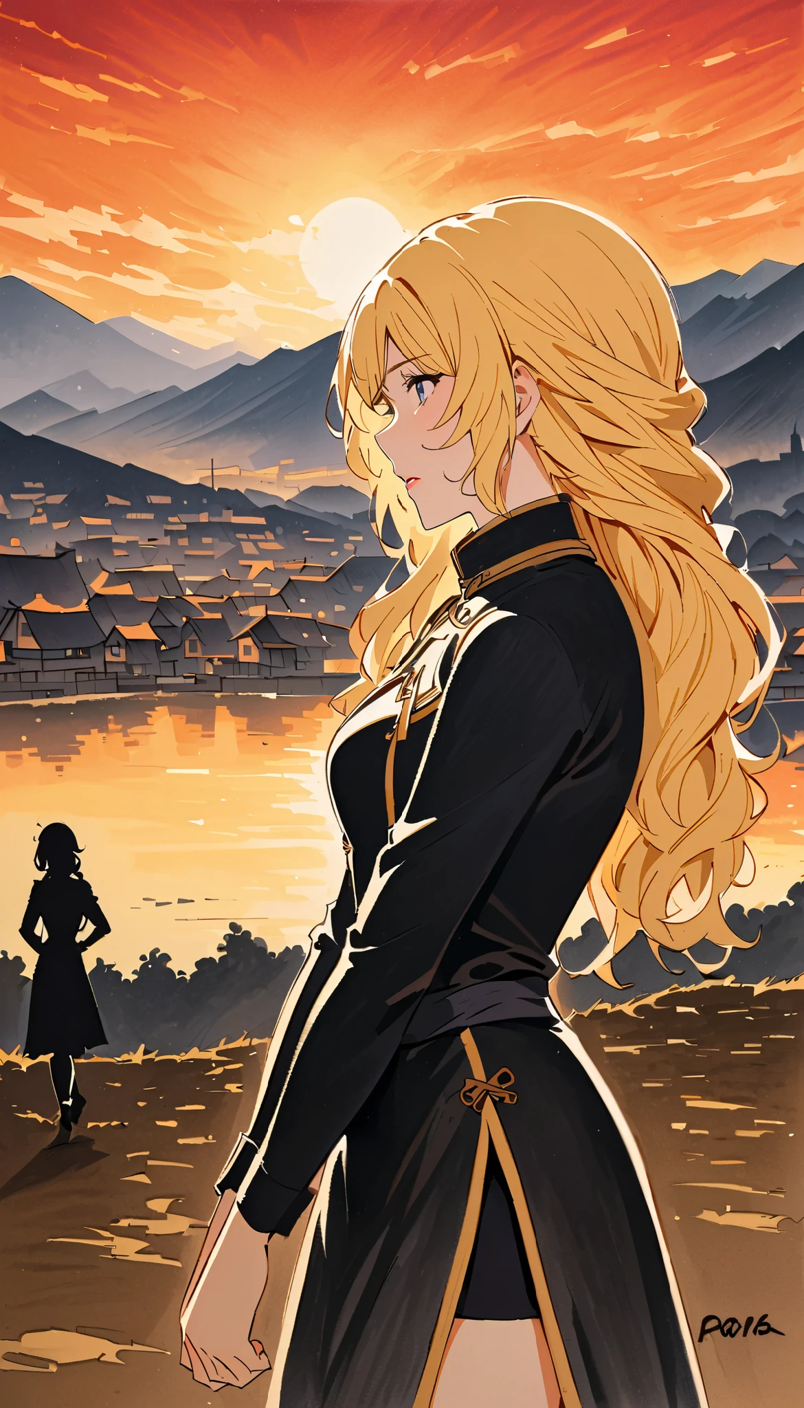 vintage movie, girl, wavy blonde hair, woman body, black top, black bodycon skirt, black boots, village View, Sunset, Silhouette of clouds, traditional media, Contemplative. yang xiao long from rwby