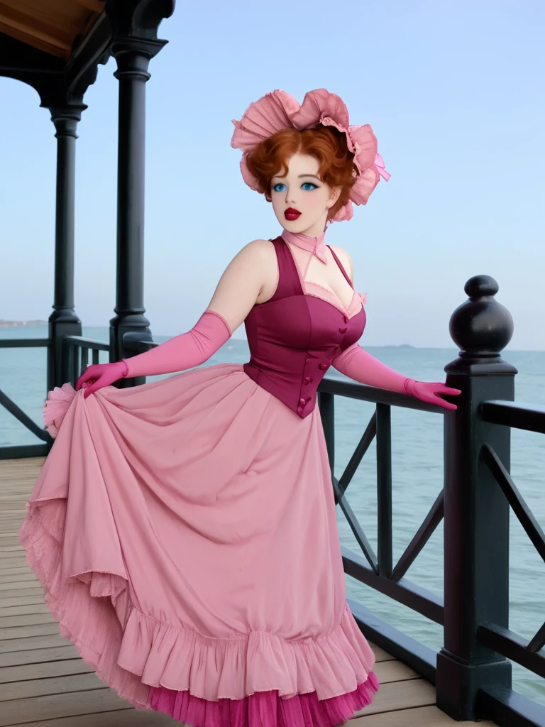Red (cartoon character) as a hot 12yo redhead teenage girl nympho seducing an old man. Year 1890. Victorian London. 1890_dress. Sleeveless strapless red dress, ornate pink hat, choker with cameo brooch, pink opera gloves, purple sash around her waist, pink knee-length skirt, petticoats, thigh-high purple stockings, white button boots. Cleavage, large breasts, wasp waist, big booty. Full body. Big blue eyes, pouty red lips, perfect white teeth, coquettish smile, biting her bottom lip.