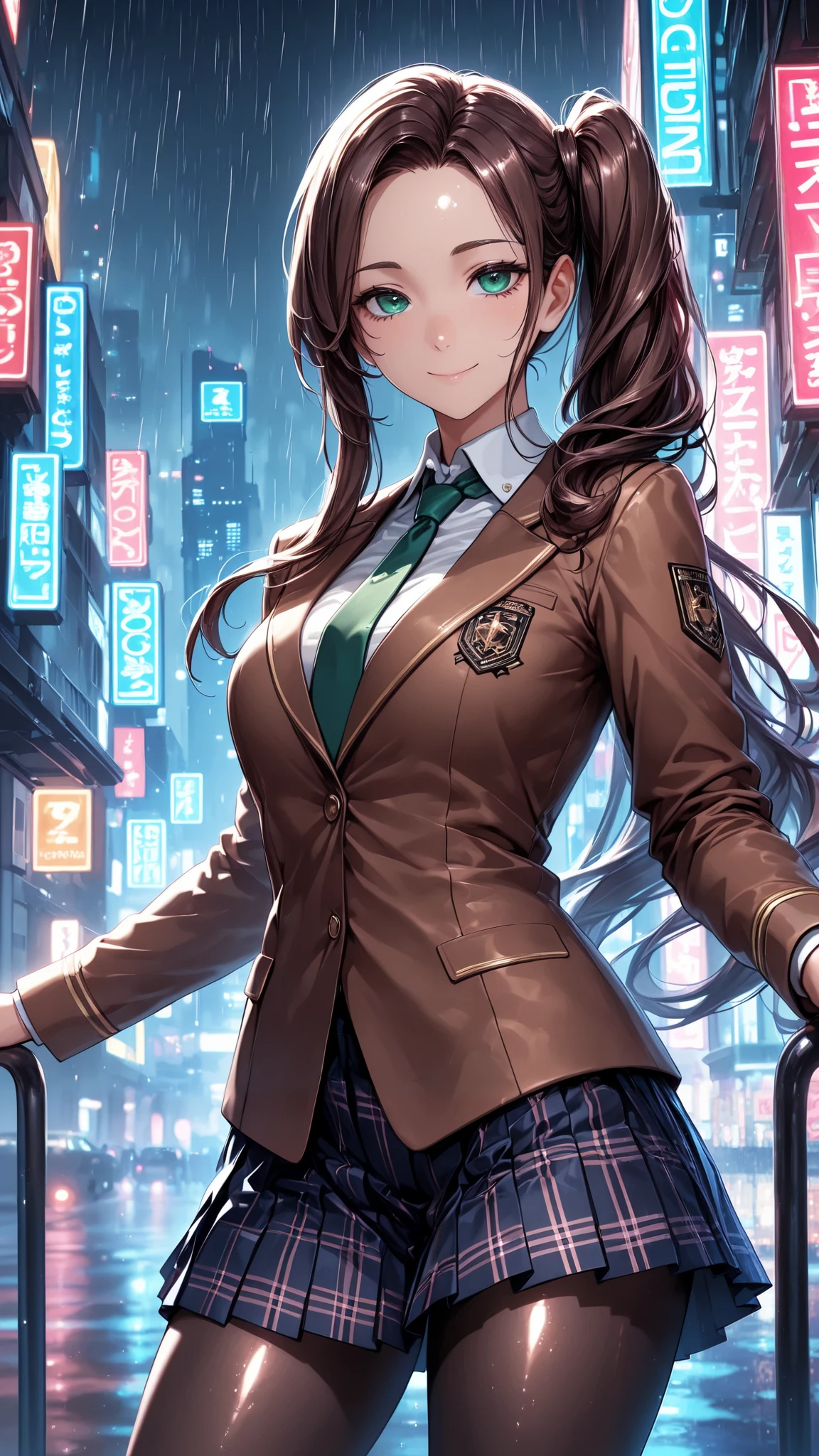 masterpiece, best quality, vibrant, very aesthetic, semirealistic, anime style, high contrast, newest, cinematic-lightning, Enhance colors to maximum saturation, shiny skin, slender, cowboy shot, 1girl, detailed eyes, green eyes, slightly smile, detailed semi-long hair, dark brown silky hair, forehead, sliced back hair, side ponytail, contrapposto, Captivating thighs, uniform, brown blazers, Green tie, Plaid Pleated Skirt, black tights, rainy cyber city, at night