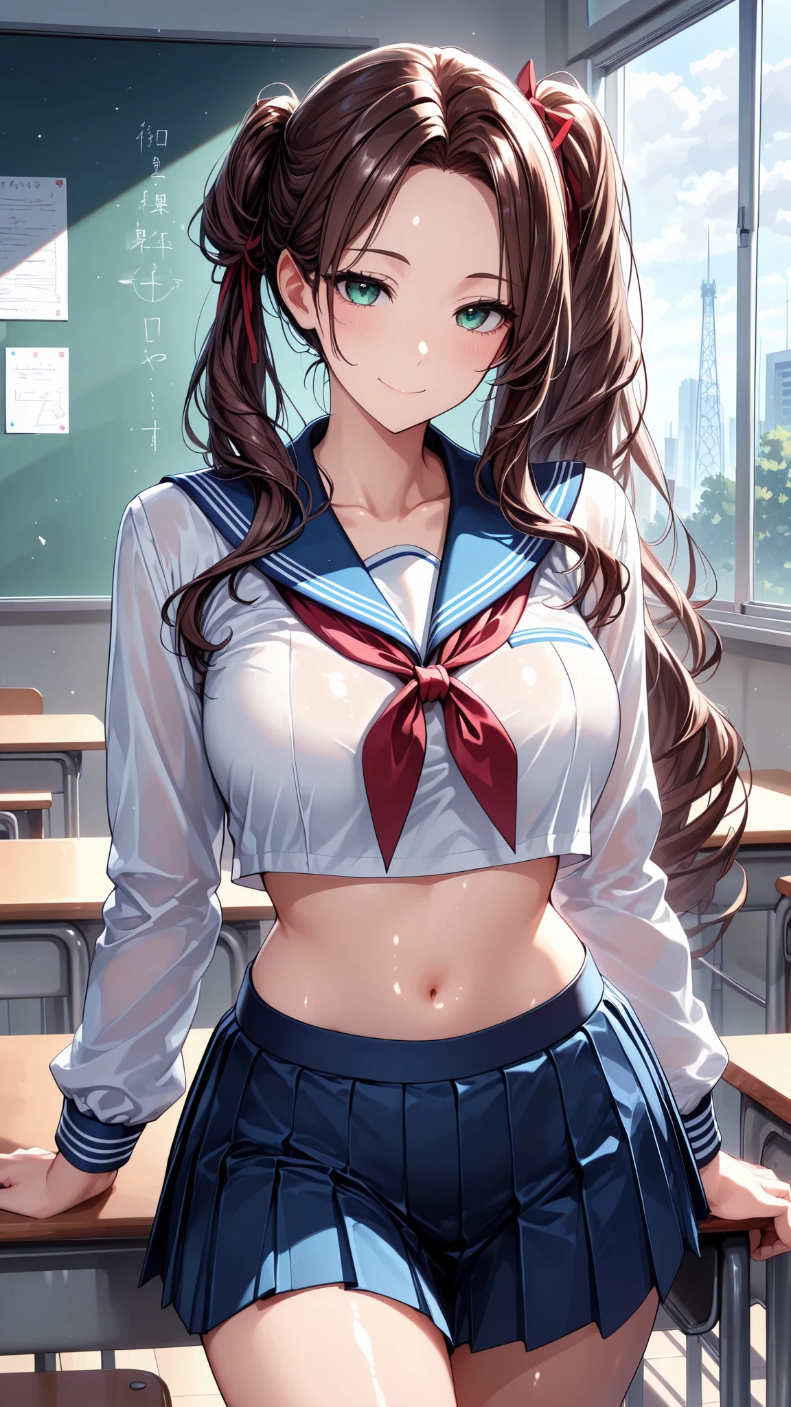 masterpiece, best quality, vibrant, very aesthetic, high contrast, semirealistic, newest, cinematic-lightning, Enhance colors to maximum saturation, cowboy shot, shiny skin, slender, 1woman, detailed face, detailed eyes, green eyes, slightly smile, semi-long hair, dark brown silky hair, forehead, sliced back hair, side ponytail, contrapposto, navel, Captivating thighs, knee, classroom, (sheer crop top white shirt), sailor suit,blue pleated skirt, red ribbon tie