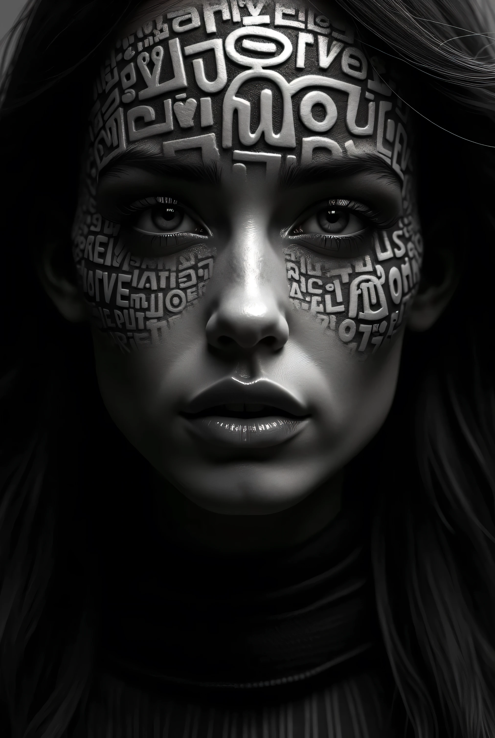 Super detailed high-quality 8K The image is a black and white close up portrait of a mysterious and beautiful woman's face. The image of the woman is made up of small, irregularly shaped hieroglyphs that are other worldly in nature , creating a textured and abstract design. The hieroglyphs are arranged in a way that they form the shape of the woman's and face, Her eyes have an intensity and her hair in long and flows in a beautiful way. The background is dark, making the portrait stand out. Dynamic lighting creates intensity in the scene. illustration, 3d render. Surreal, abstract and other worldly. Created with love by Sasan.