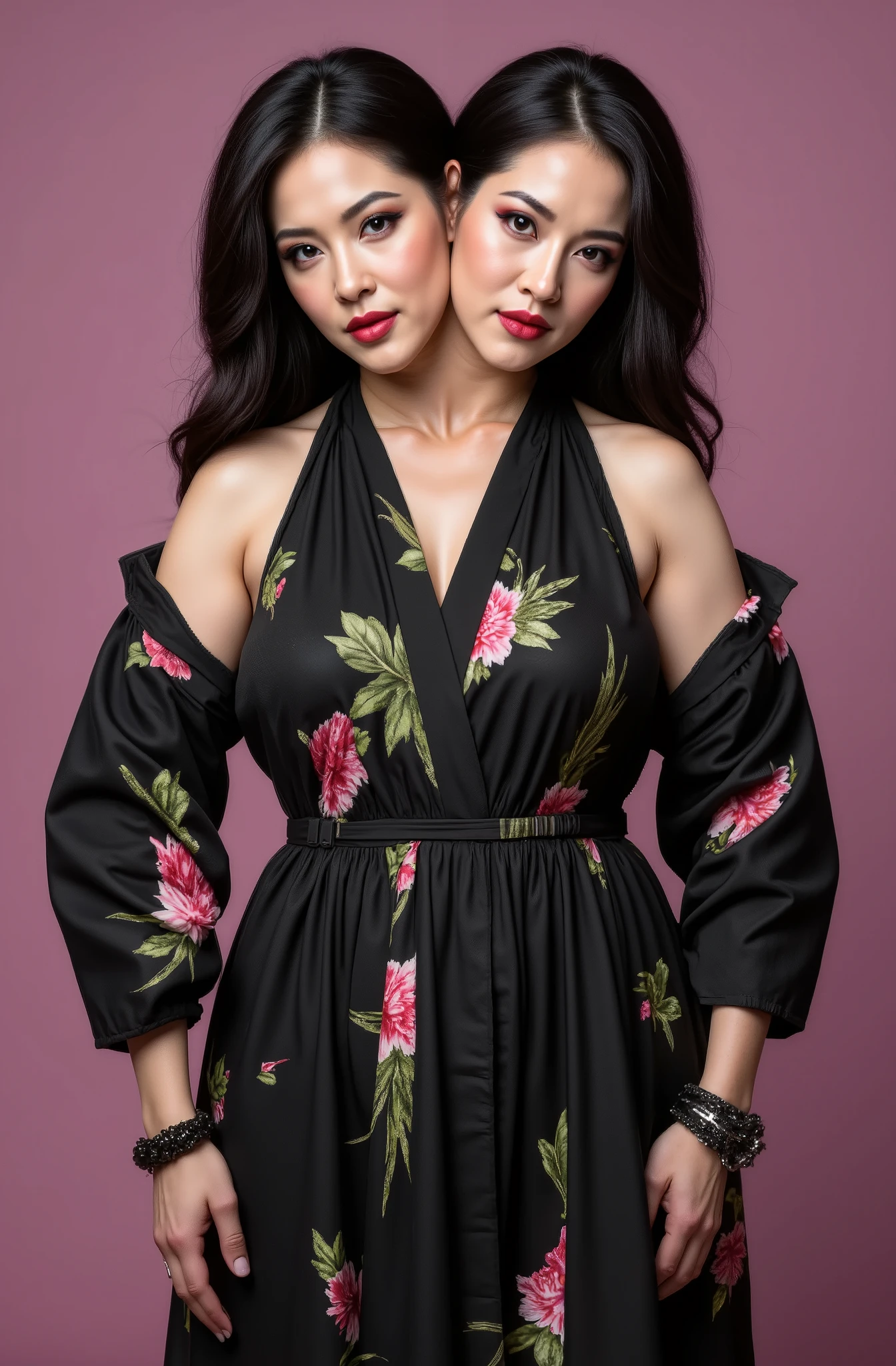 Two Heads , Mature Woman , ( Detailed Explanation of Hair ), ( detailed facial features ), ( Detailed Body Description ), Bloomer Hi-Vision , Masterpiece, top quality , high detail, formal: 1.4), ( realistic : 1.2, 超 realistic な: 1.1, realistic: 1.37), ( SHARP CONCENTRATION : 1.4), teeth , physical base rendering , wavy hair , , Unmatched Beauty at Climax , (Ultimate beauty), ( lipstick:1.1), ( live eyeliner venue :1.2), ( mascara), ( Eye Shadow ), (48 years old,: 1.4), Japanese 、 close-up 、 :1.2、 underwear 々Bust size {x} , kimono