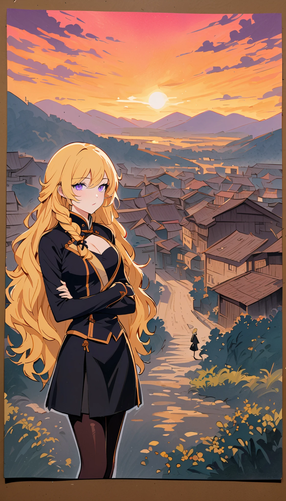 vintage movie, girl, wavy blonde hair, woman body, black top, black bodycon skirt, black boots, village View, Sunset, Silhouette of clouds, traditional media, Contemplative. yang xiao long from rwby, ((purple eyes))