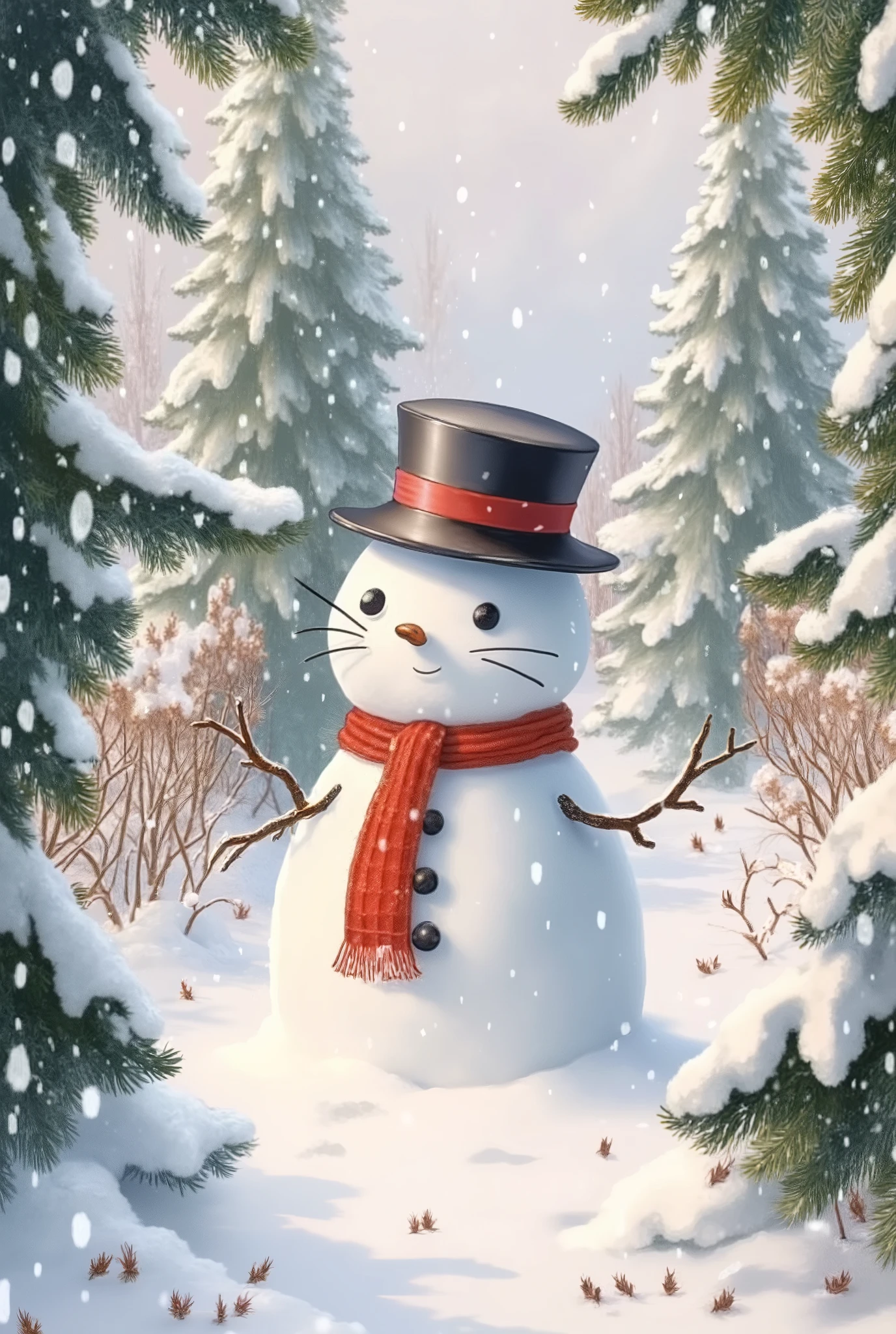 A snowman. In a snowy garden. 