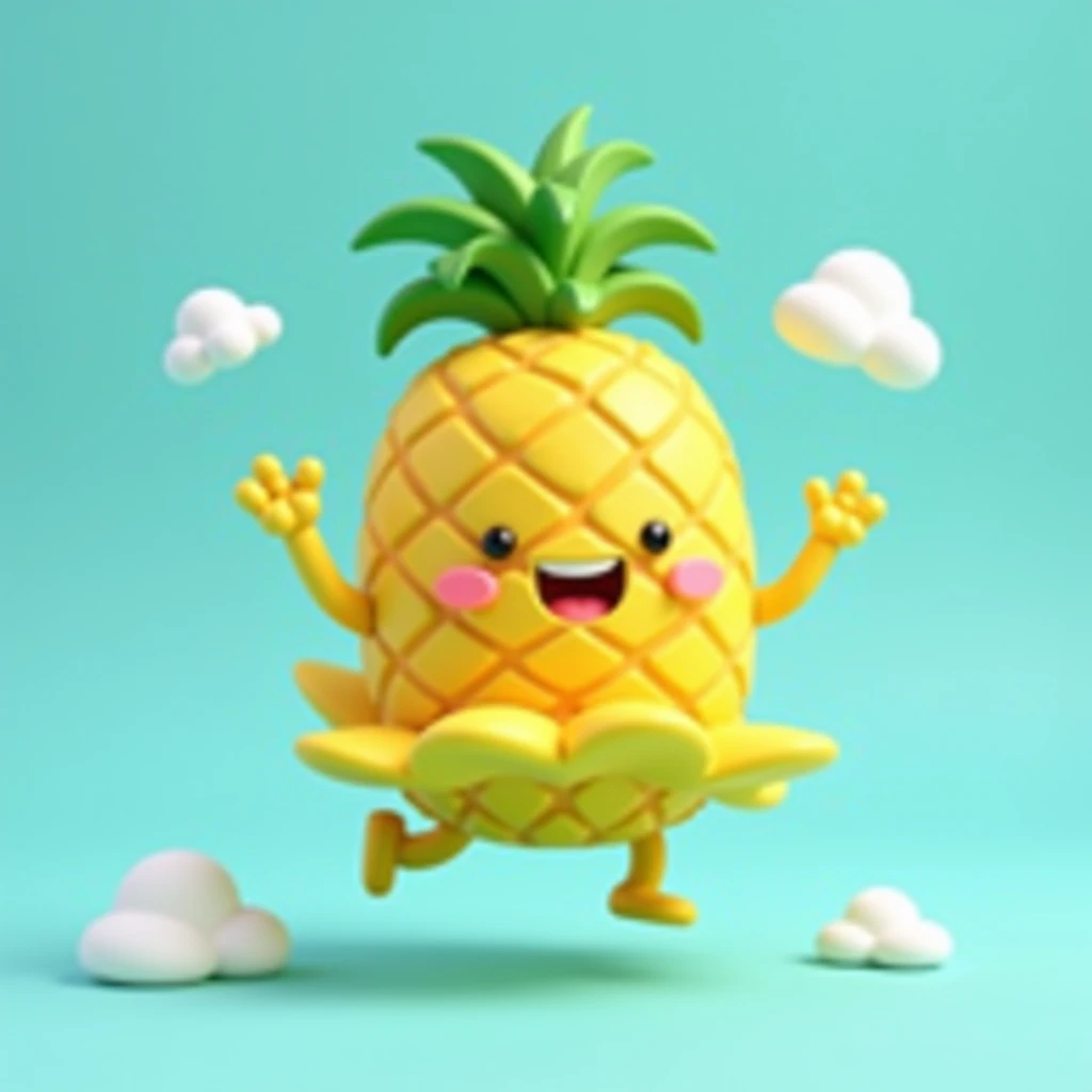 Create a vibrant 3D image featuring a personified pineapple with a joyful and cute smile, enthusiastically dancing in mid-air with its two small hands and two tiny feet, its bright yellow skin glistening with subtle shine, surrounded by lush green leaves that resemble a tutu, set against a soft, gradient blue background with a few fluffy white clouds, with bold, playful lines and textures that evoke a sense of whimsy and fun, as if plucked straight from a ren's storybook.