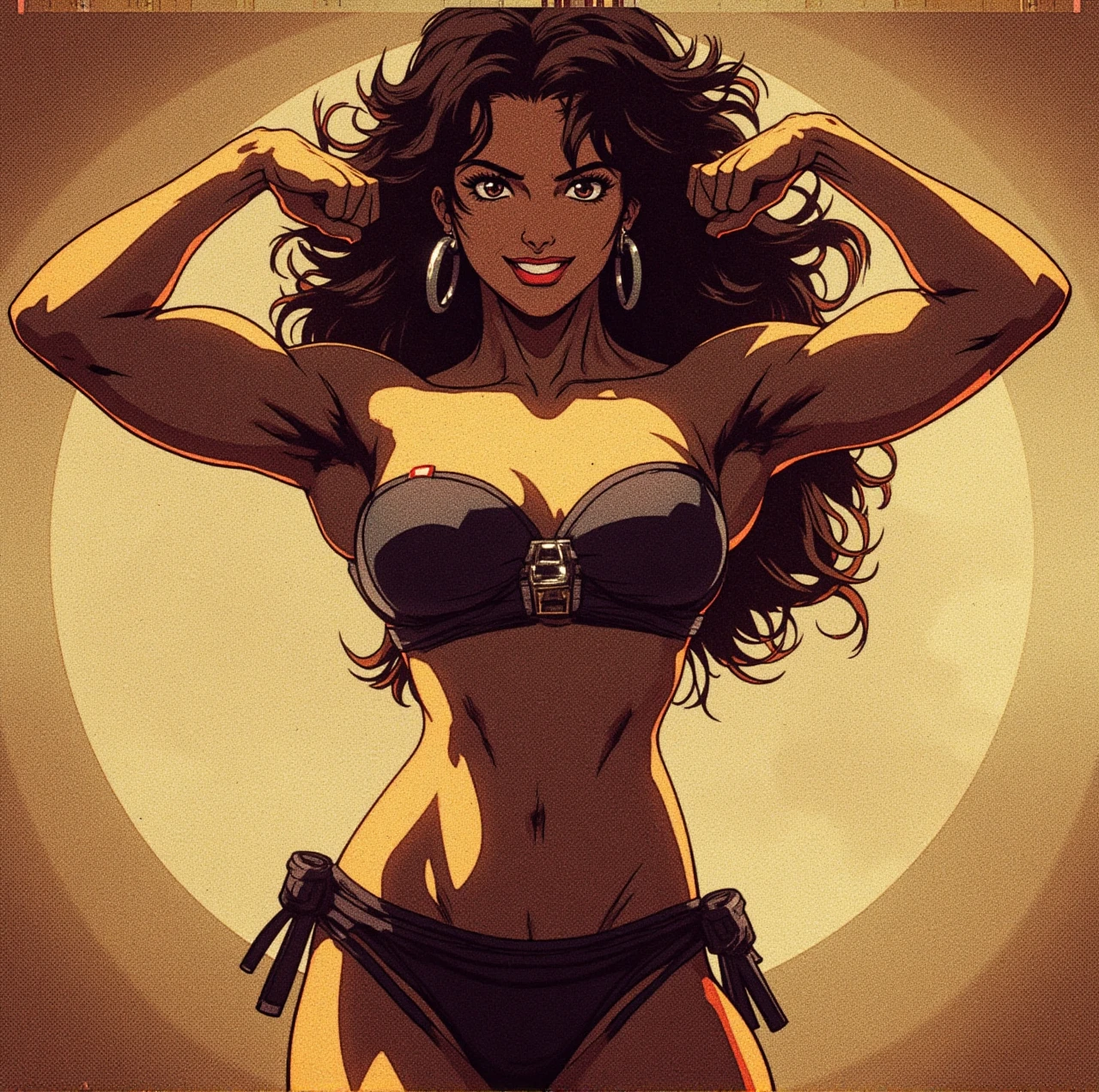 photograph of a dark-haired afro woman with windblown curls, her hair is intertwined, like a flame against the twilight sky., radiating unbridled beauty, big breasts, wearing a sexy white dress at a pool bar in Miami, Big smile on the face