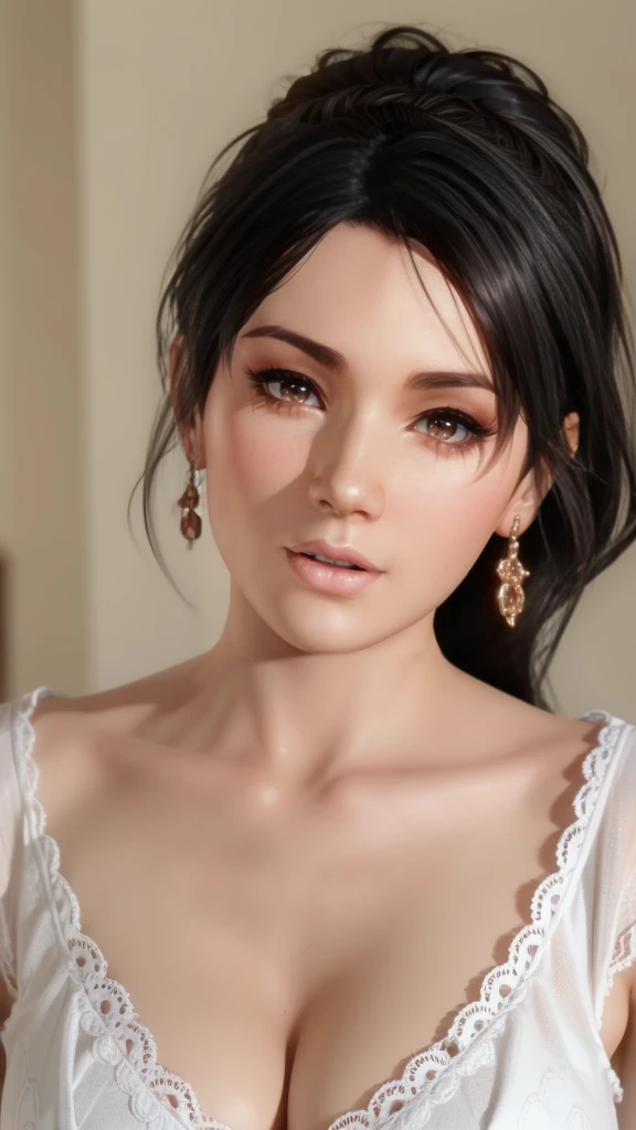 ((Maria Renata))、30-years old、Chinese girl skin、Pore skin、Slim Faces、Realistic lighting、top-quality、8K、masterpiece:1.3))、focus:1.2、1girl in、flawless beauty:1.4、30-years old、((Z cup size oversized huge breasts))、Slim abs:1.1、blue eyess、A detailed eye、((long brown hair、Extra massive breasts:1.3))、Brunette weave hair、Dressed in transparent silk white lingerie、 Teardrop robes、Transparent Detail Clothing、Open shoulders、Very sexy outfits、a necklace、Diamond Earrings、See trough nipple、sitting on a bed、In the bedroom of a luxury hotel、Melted face、Happy face、Colossal tits、Large cleavage、 Dramatic makeup、makeup、Pinky Pink Lip Stick、eye make up、mascara、eye liner、eye shadow、Lilac Contact Lenses、 (((ahegao, orgasm, sweat, steam, Lower grade)))
