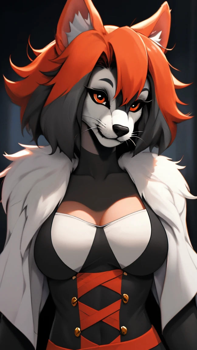 ((masterpiece, best quality)), (anthro furry:1.3, snout:1.2, anthro:1.3, furry:1.2, fullbody:1.2, solo female:1.2, cleavage, leaning forward, smile, red), no top, sweatpants,smugsmile