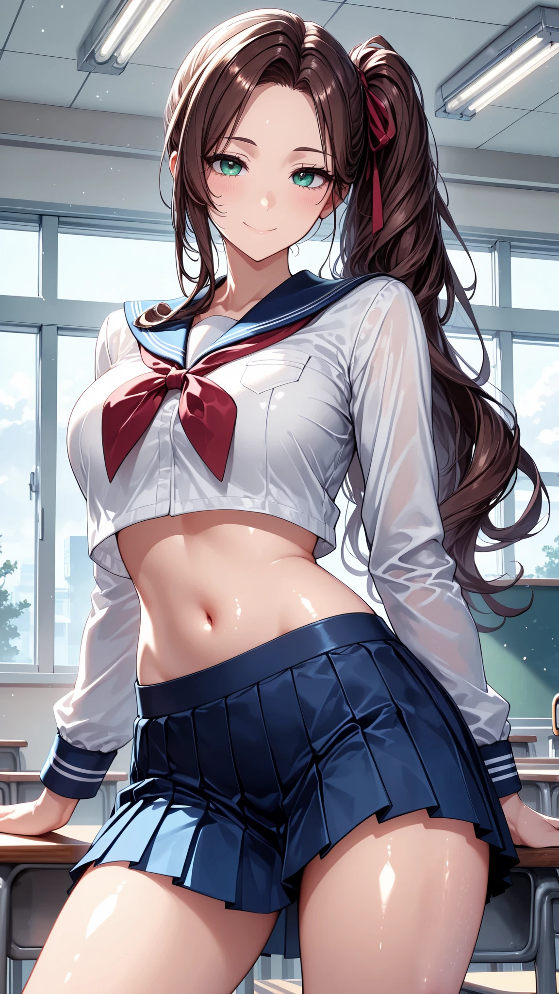 masterpiece, best quality, vibrant, very aesthetic, high contrast, semirealistic, newest, cinematic-lightning, Enhance colors to maximum saturation, cowboy shot, shiny skin, slender, 1woman, detailed face, detailed eyes, green eyes, slightly smile, semi-long hair, dark brown silky hair, forehead, sliced back hair, side ponytail, contrapposto, navel, Captivating thighs, knee, classroom, (sheer crop top white shirt), sailor suit,blue pleated skirt, red ribbon tie